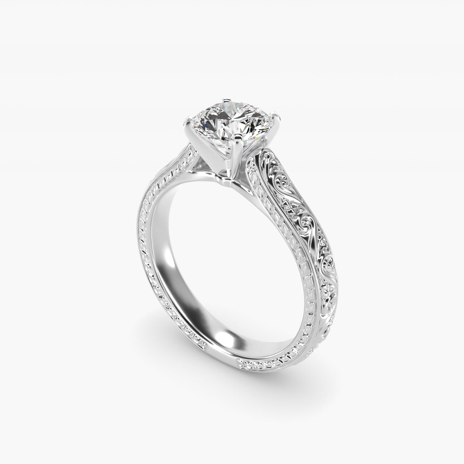 Hand-Engraved Solitaire Engagement Ring in Platinum