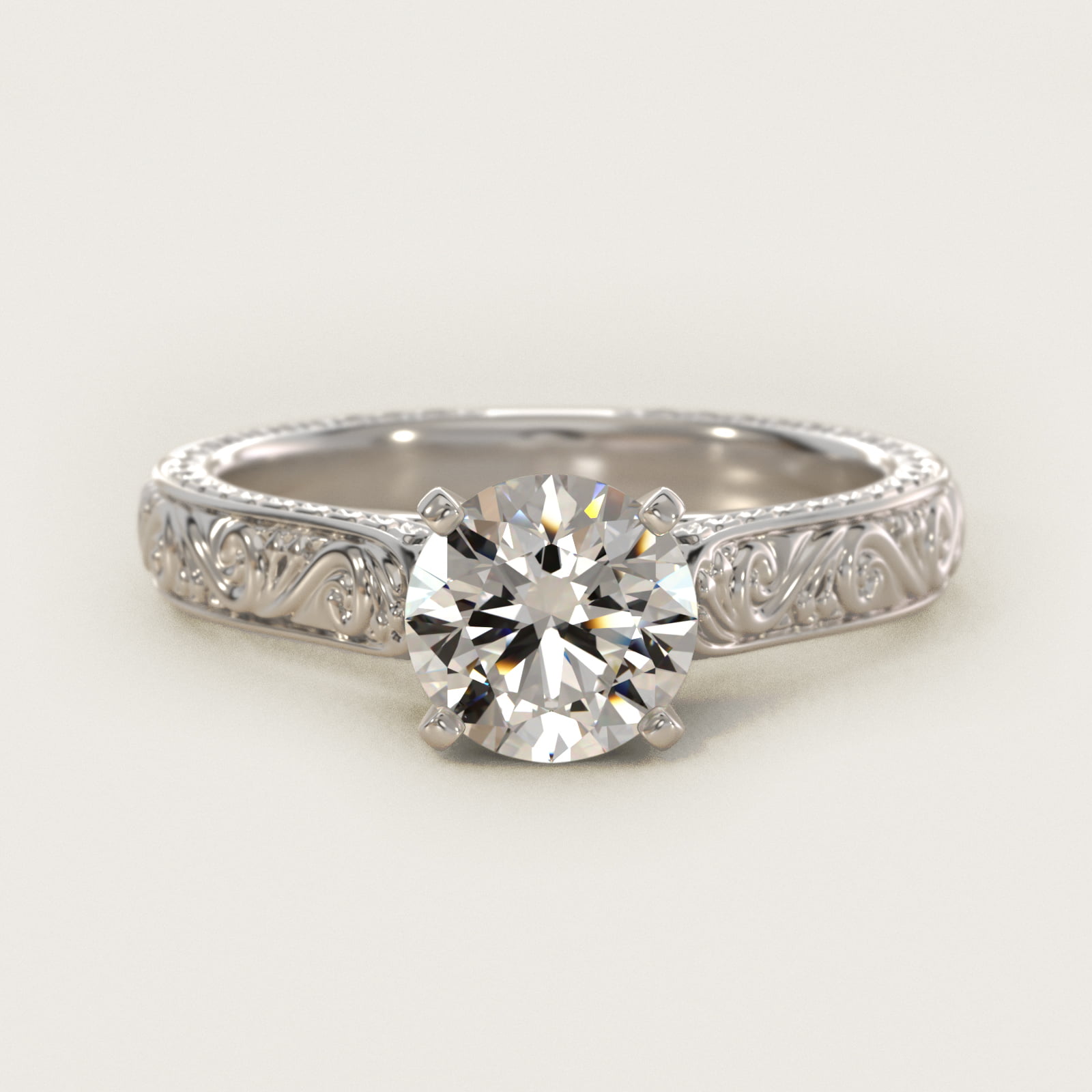 Hand-Engraved Solitaire Engagement Ring in Platinum — Round center