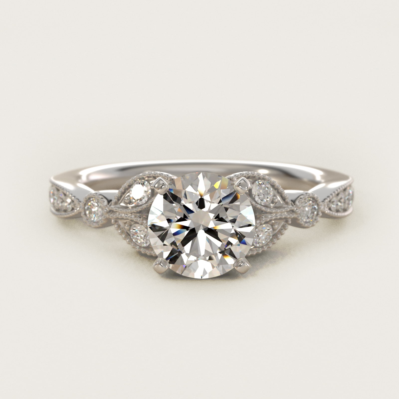 Petite Vintage Pavé Leaf Diamond Engagement Ring in 14k White Gold (1/5 ct. tw.) — Round center