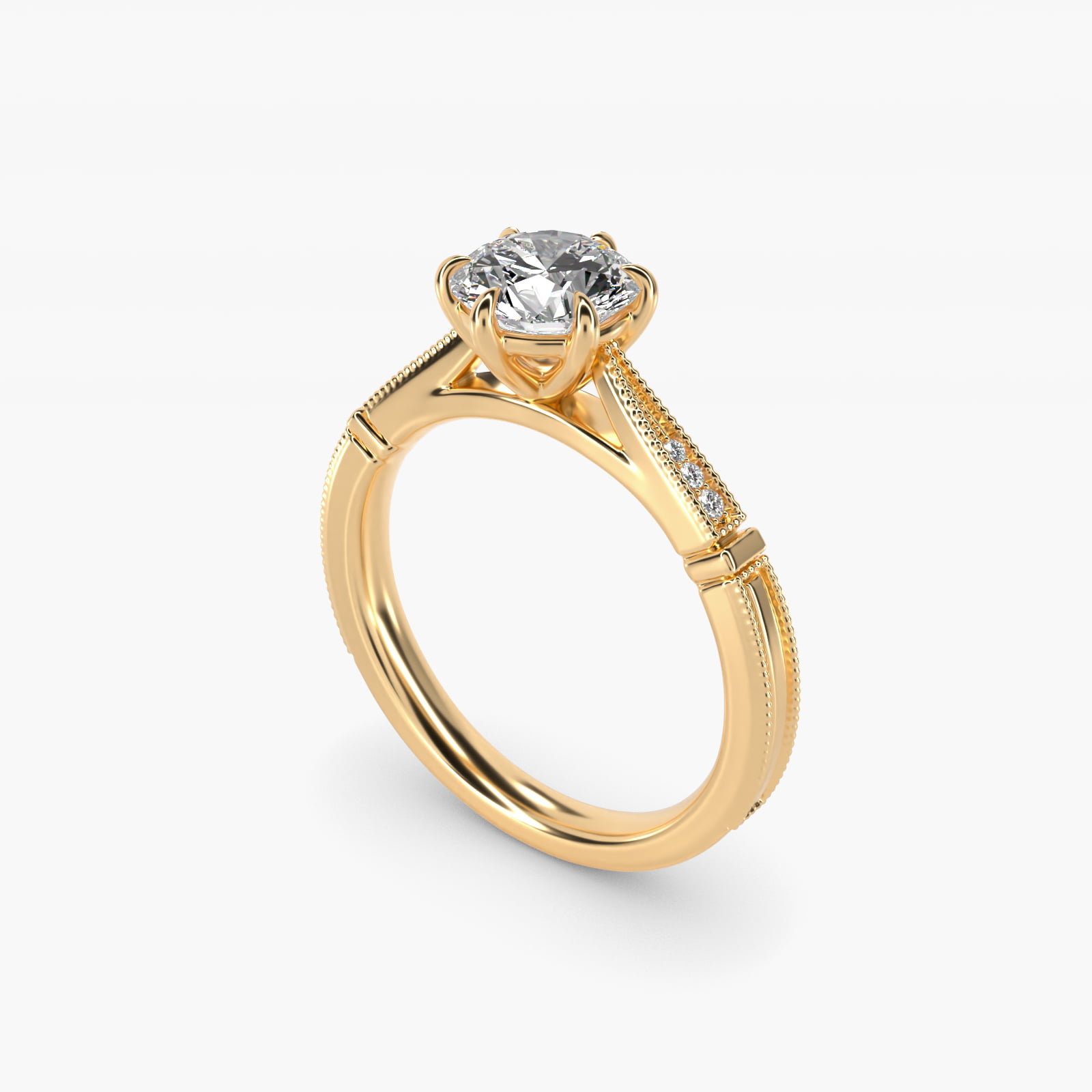Six-Prong Vintage Milgrain and Diamond Engagement Ring in 14k Yellow Gold