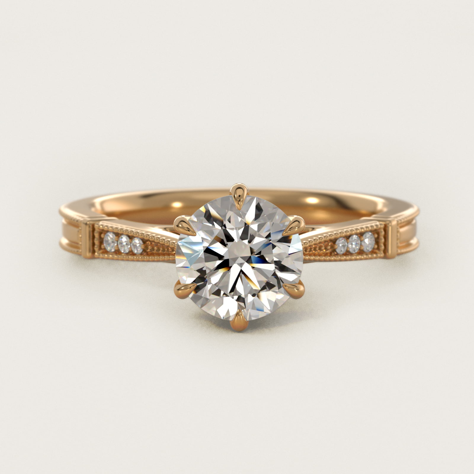 Six-Prong Vintage Milgrain and Diamond Engagement Ring in 14k Yellow Gold — Round center