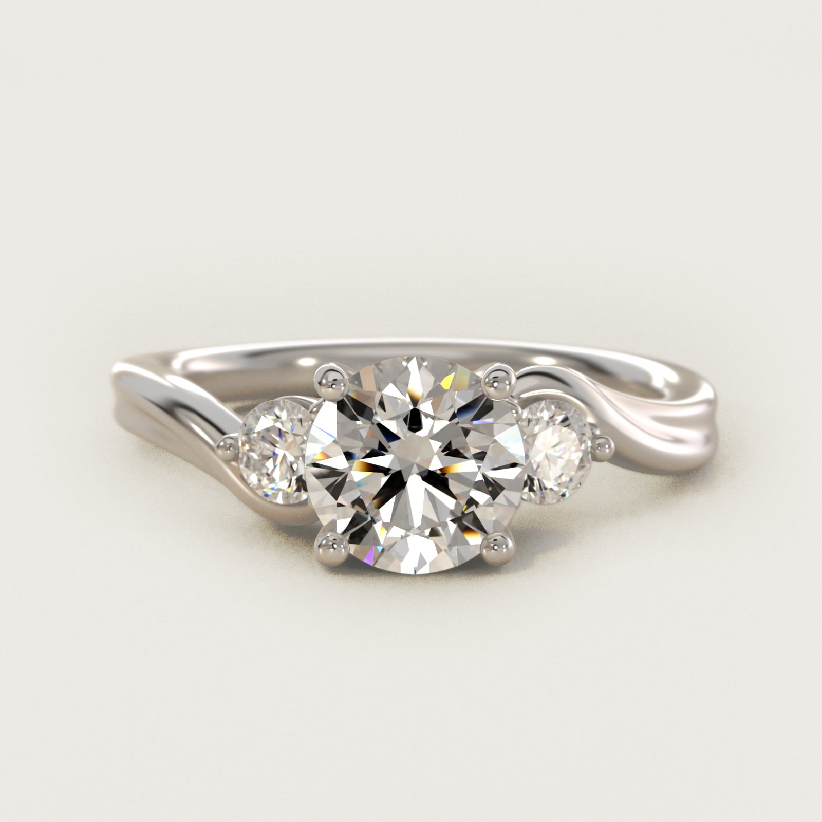 Wrapped Shank Three Stone Lab-Grown Diamond Engagement Ring in 14k White Gold — Round center