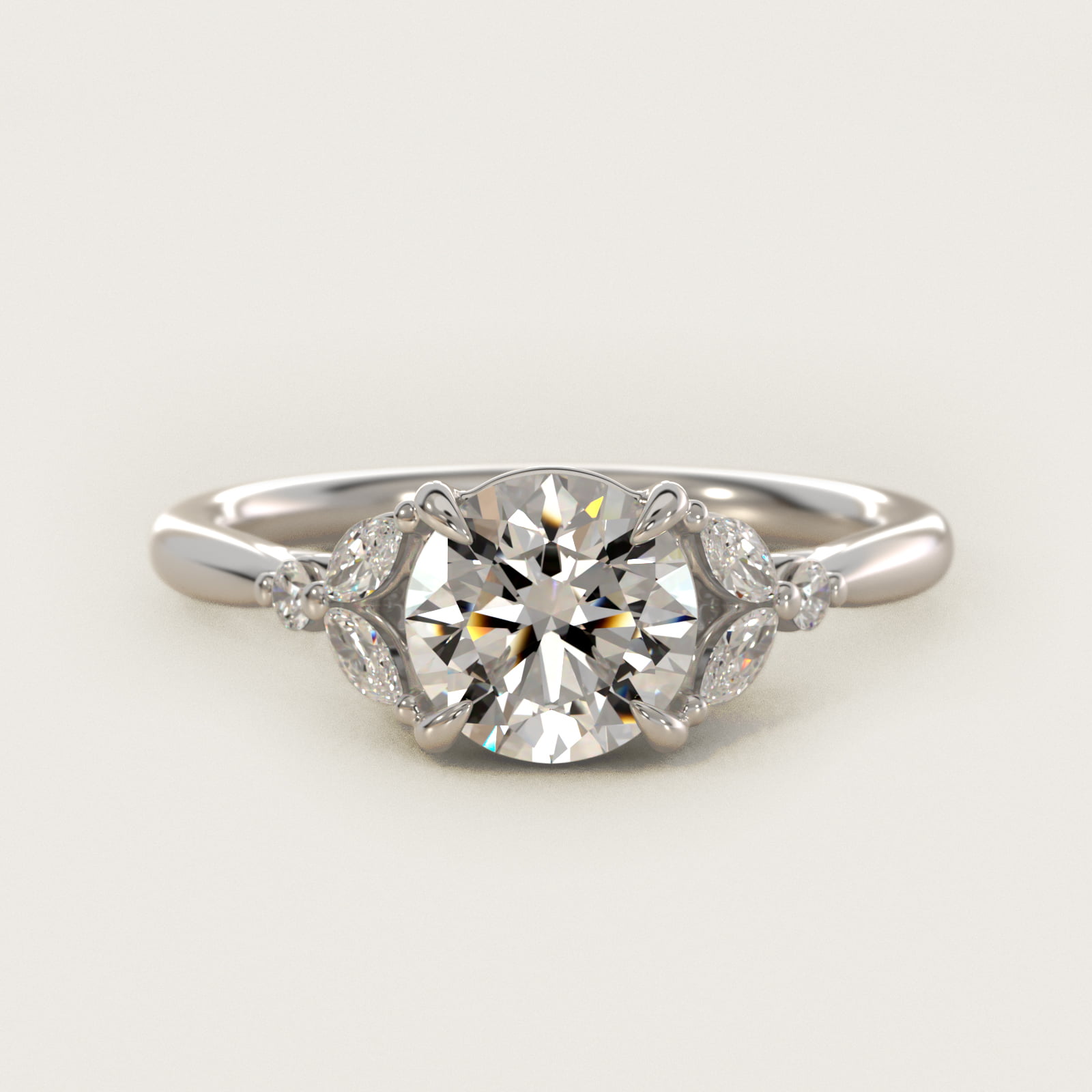 Floral Marquise Diamond Engagement Ring in 18k White Gold — Round center