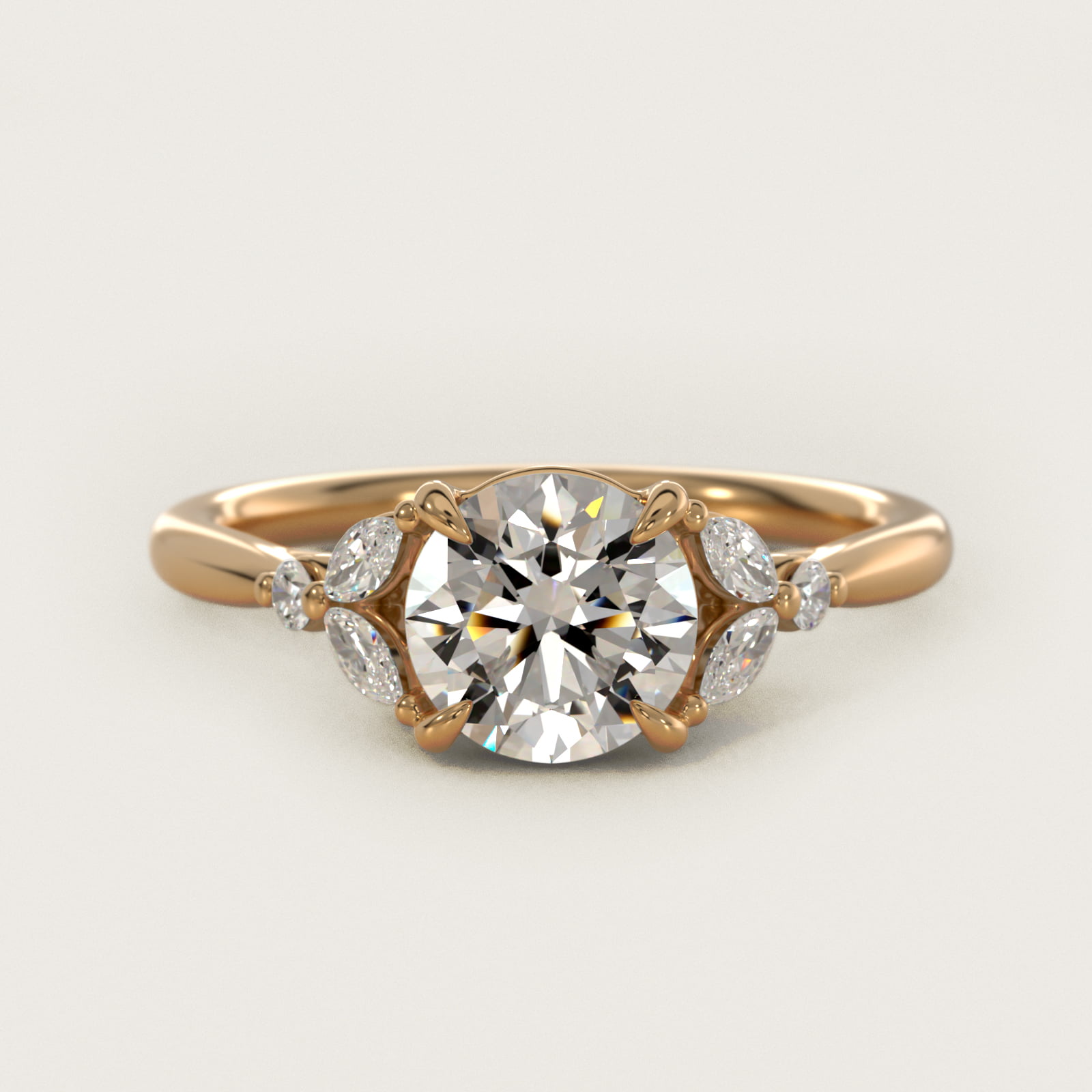 Floral Marquise Diamond Engagement Ring in 14k Yellow Gold — Round center