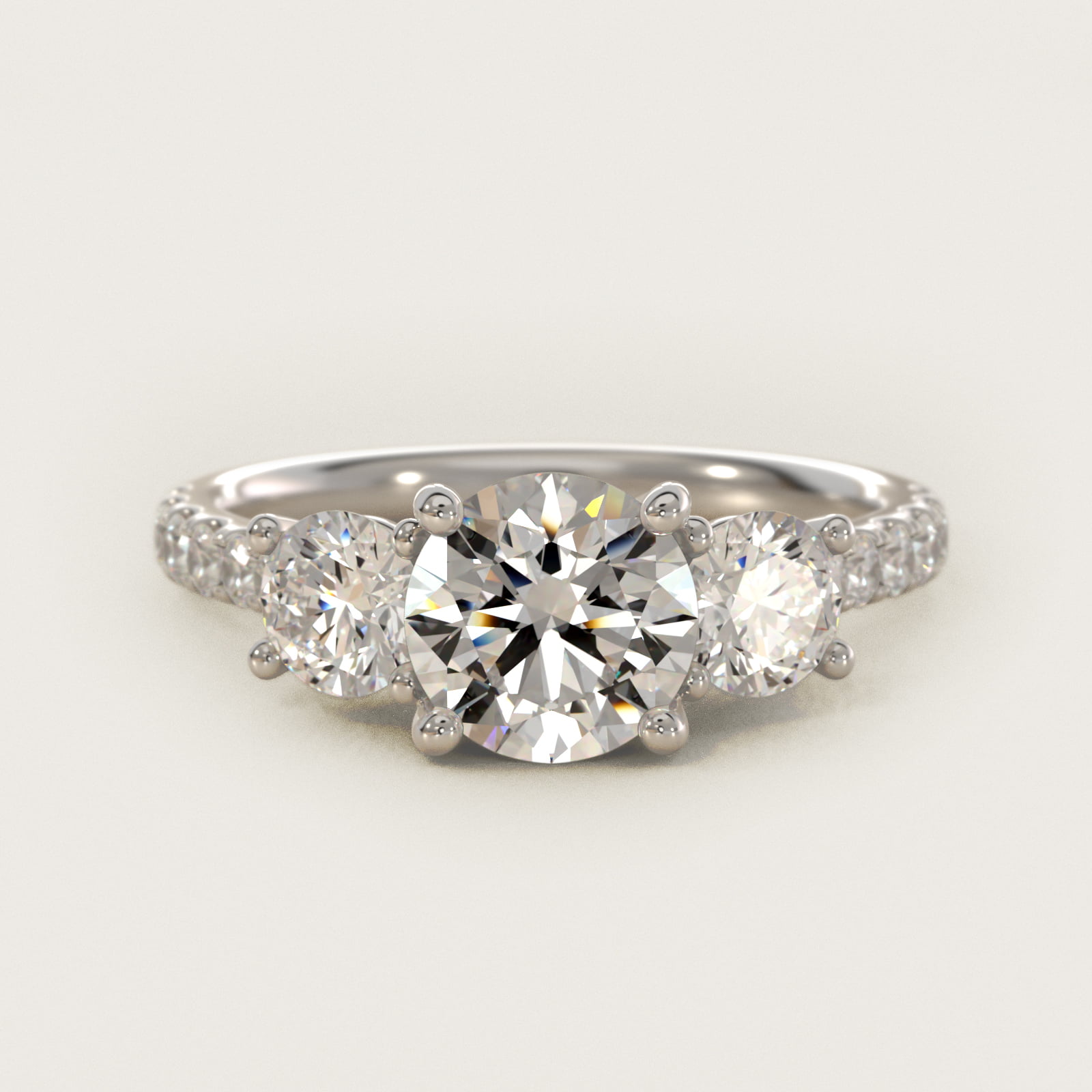 Modern Trellis Three Stone Lab-Grown Diamond Engagement in 18k White Gold — Round center