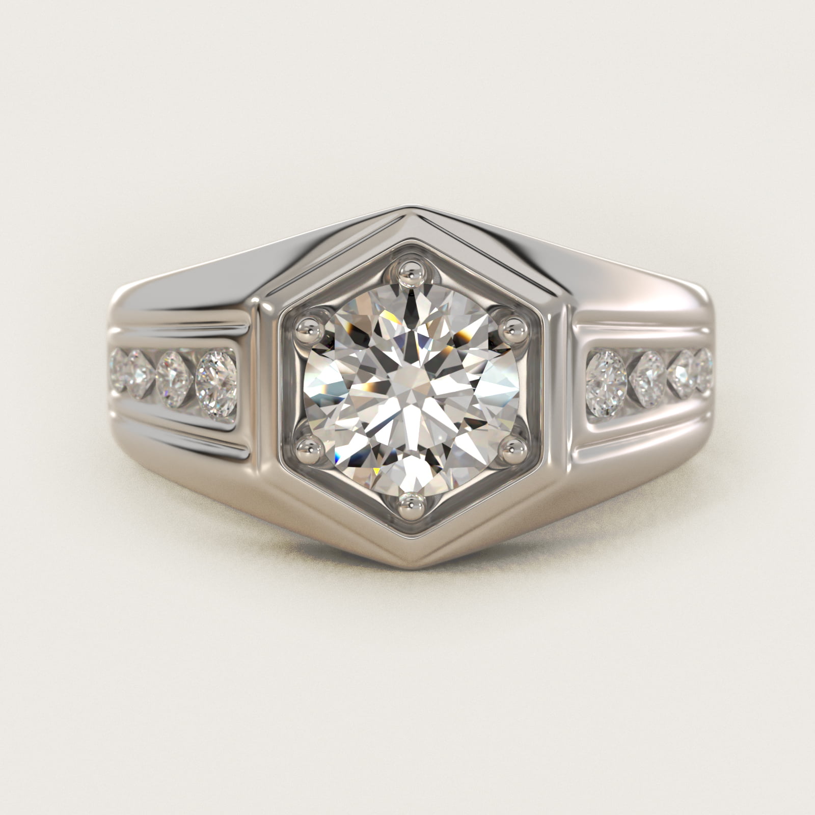 Men's Hexagon Diamond Channel Engagement Ring in 14k White Gold (3/8 ct. tw.) — Round center