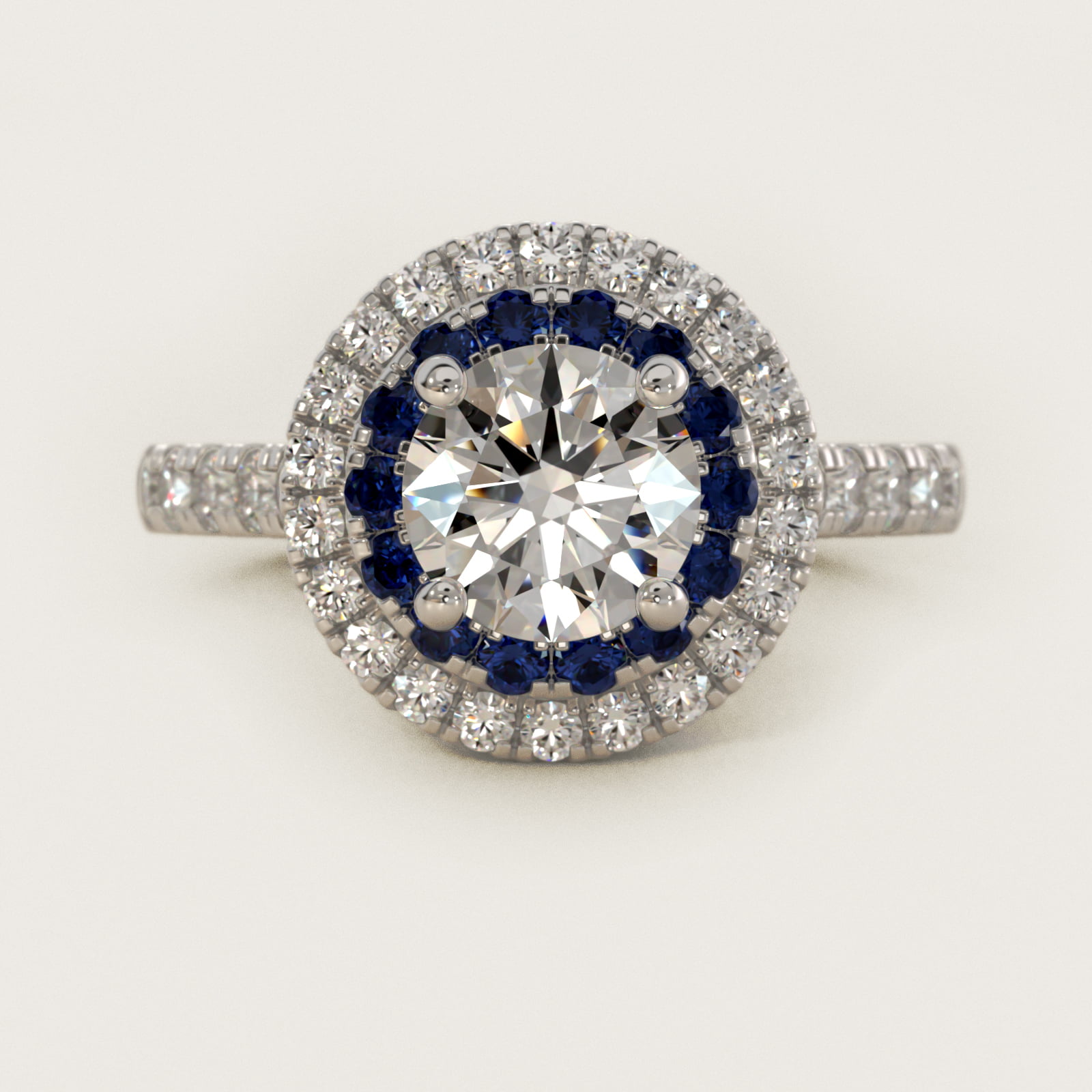 Sapphire and Diamond Double Halo Engagement Ring in 18k White Gold (1/2 ct. tw.) — Round center