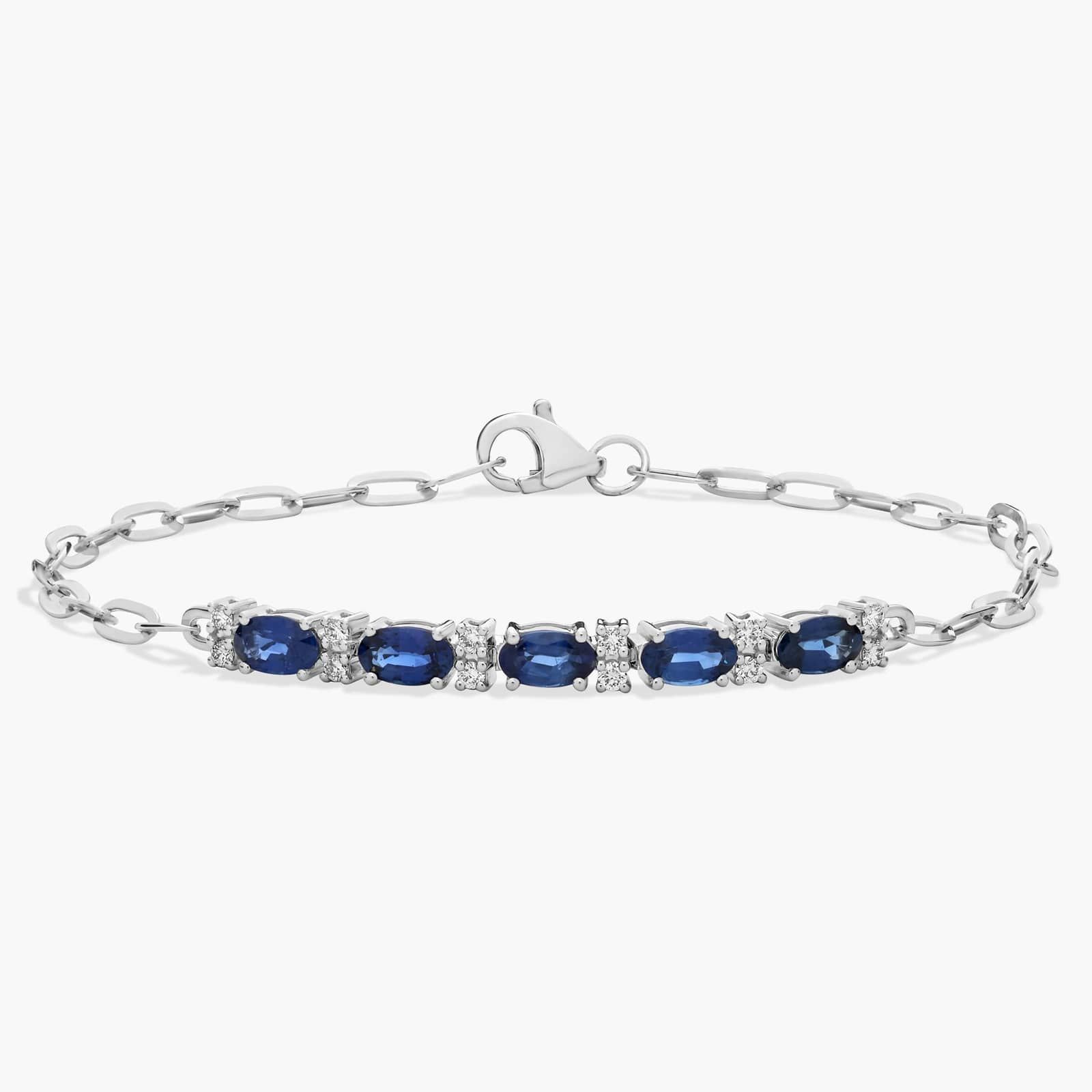 Diamond and Sapphire Paperclip Bracelet in 14K White Gold