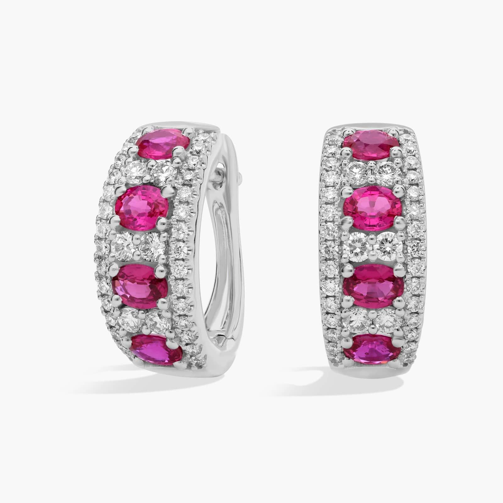 Ruby and Diamond Hoop Earring in 14k White Gold (4x3mm)