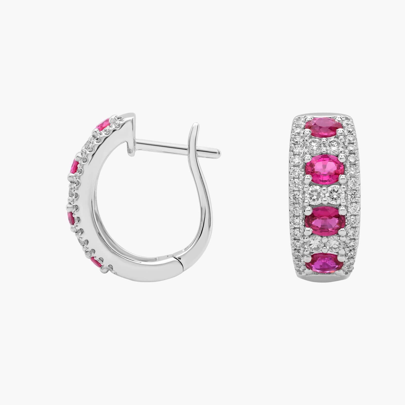 Ruby and Diamond Hoop Earring in 14k White Gold (4x3mm) 2