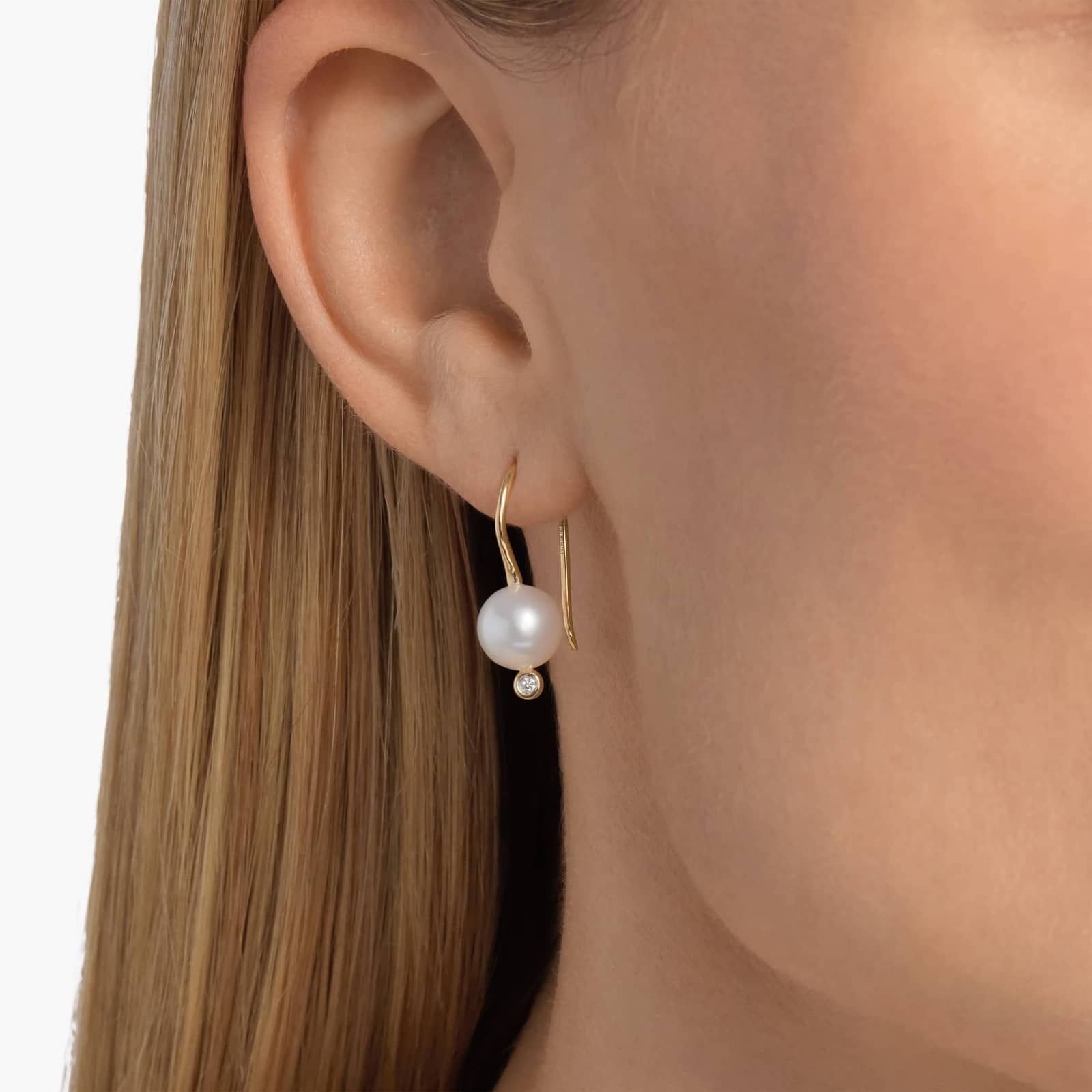 White Freshwater Pearl Drop Earrings with Diamonds in 14k Yellow Gold 3