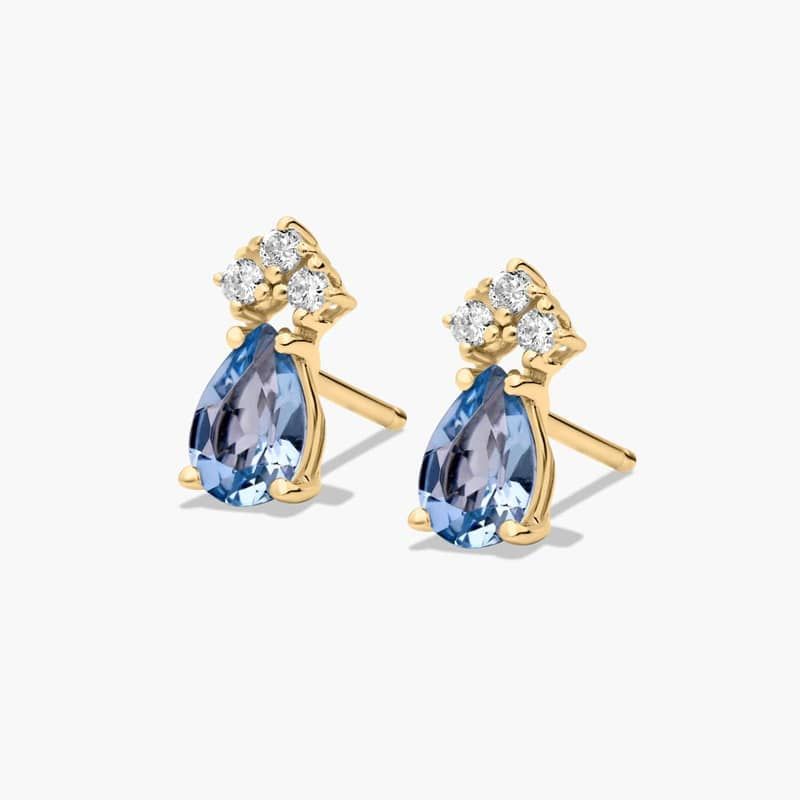 Pear Shape Aquamarine And Tri-Diamond Stud Earrings In 14K Yellow Gold By James Allen 2