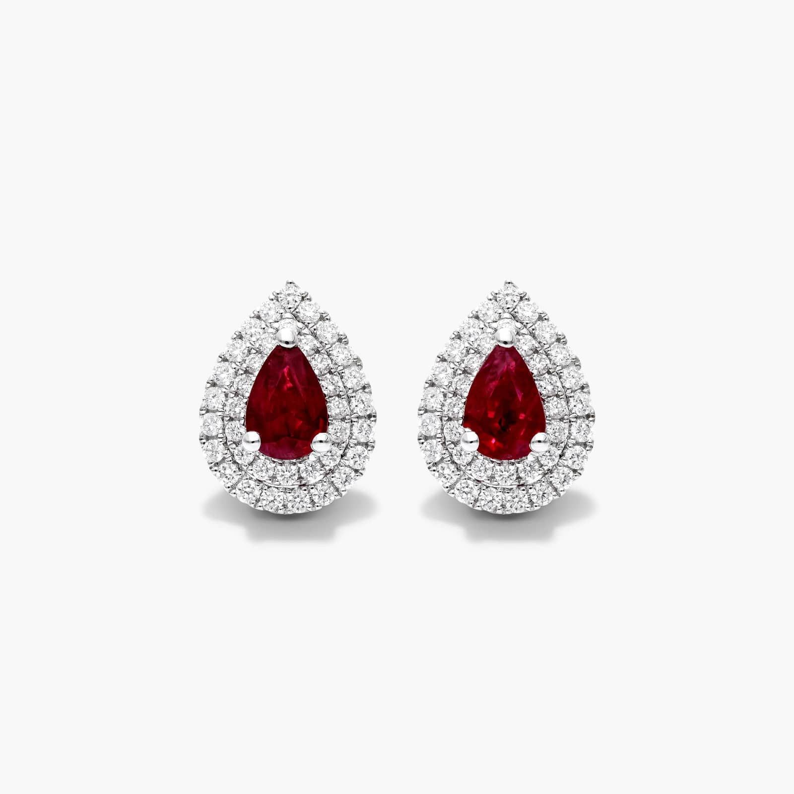 Pear Shape Ruby And Diamond Double Halo Earrings In 18K White Gold By James Allen