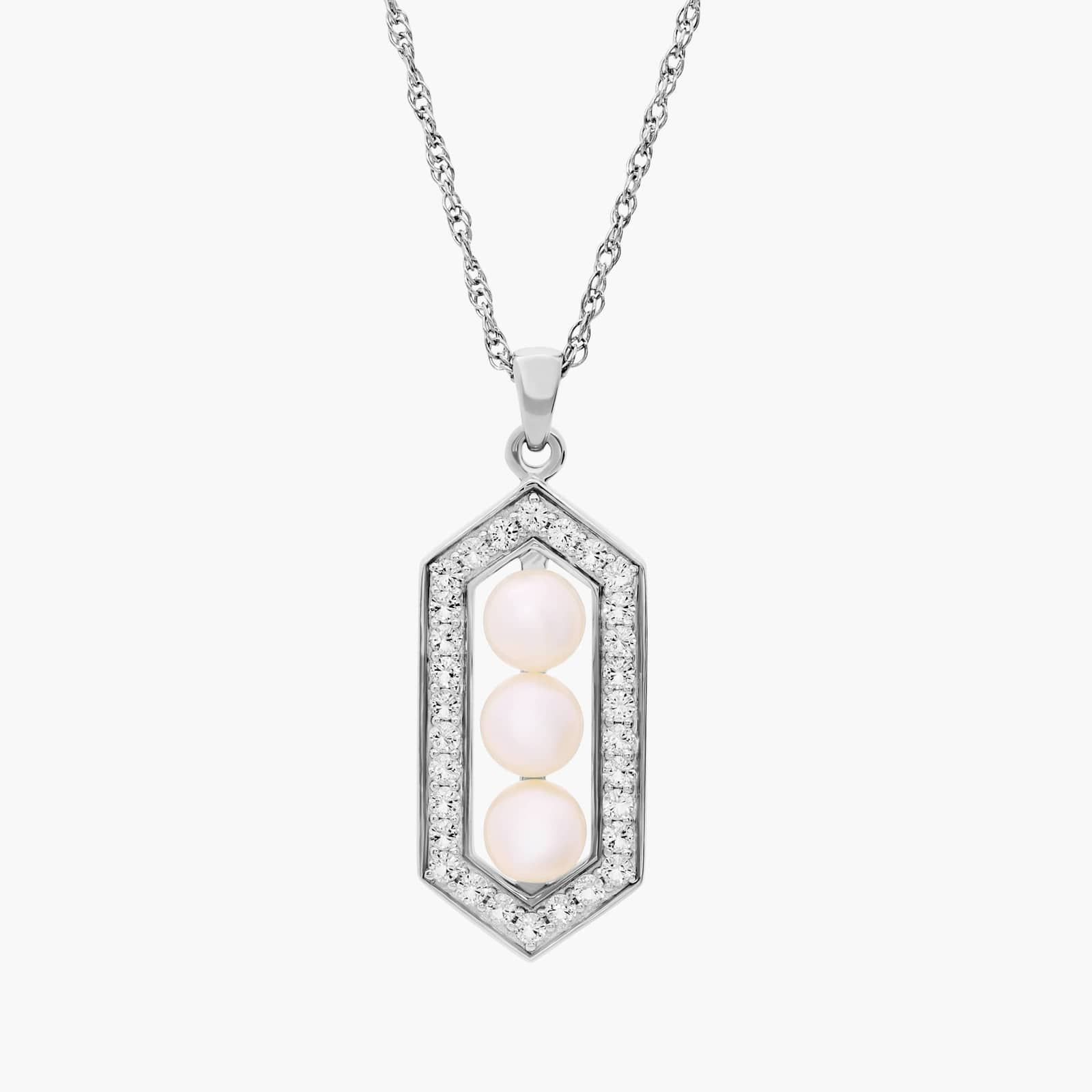 Freshwater Cultured Pearl and White Topaz Hexagon Halo Pendant in Sterling Silver (5-6mm)