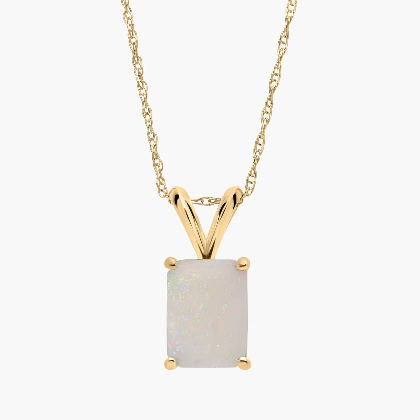 Emerald Cut Birthstone Opal Pendant Necklace in 14K Yellow Gold (8x6mm)