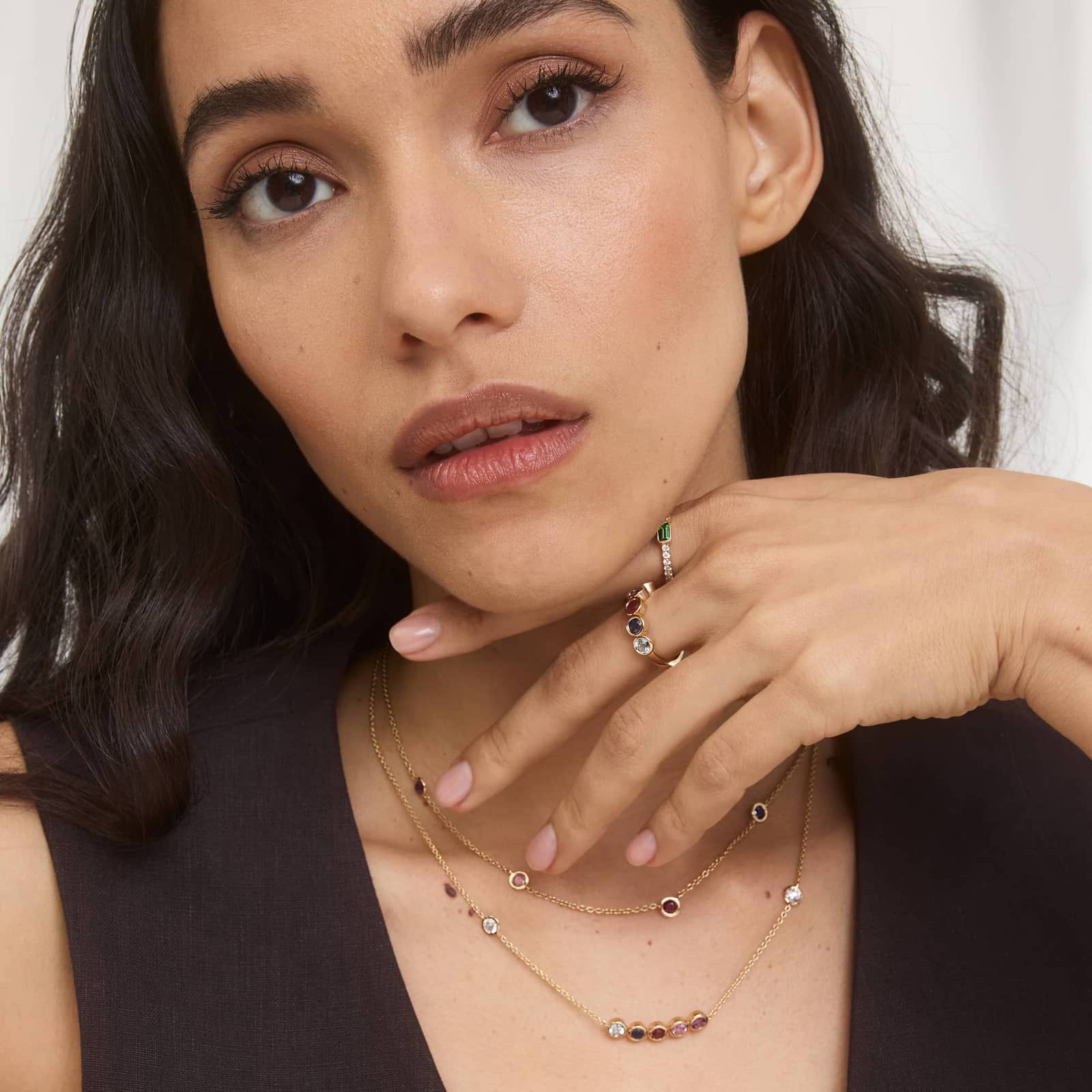 Personalized Round Cut Three Birthstone Smile Necklace With Lab-Grown Diamonds In 14K Yellow Gold 3