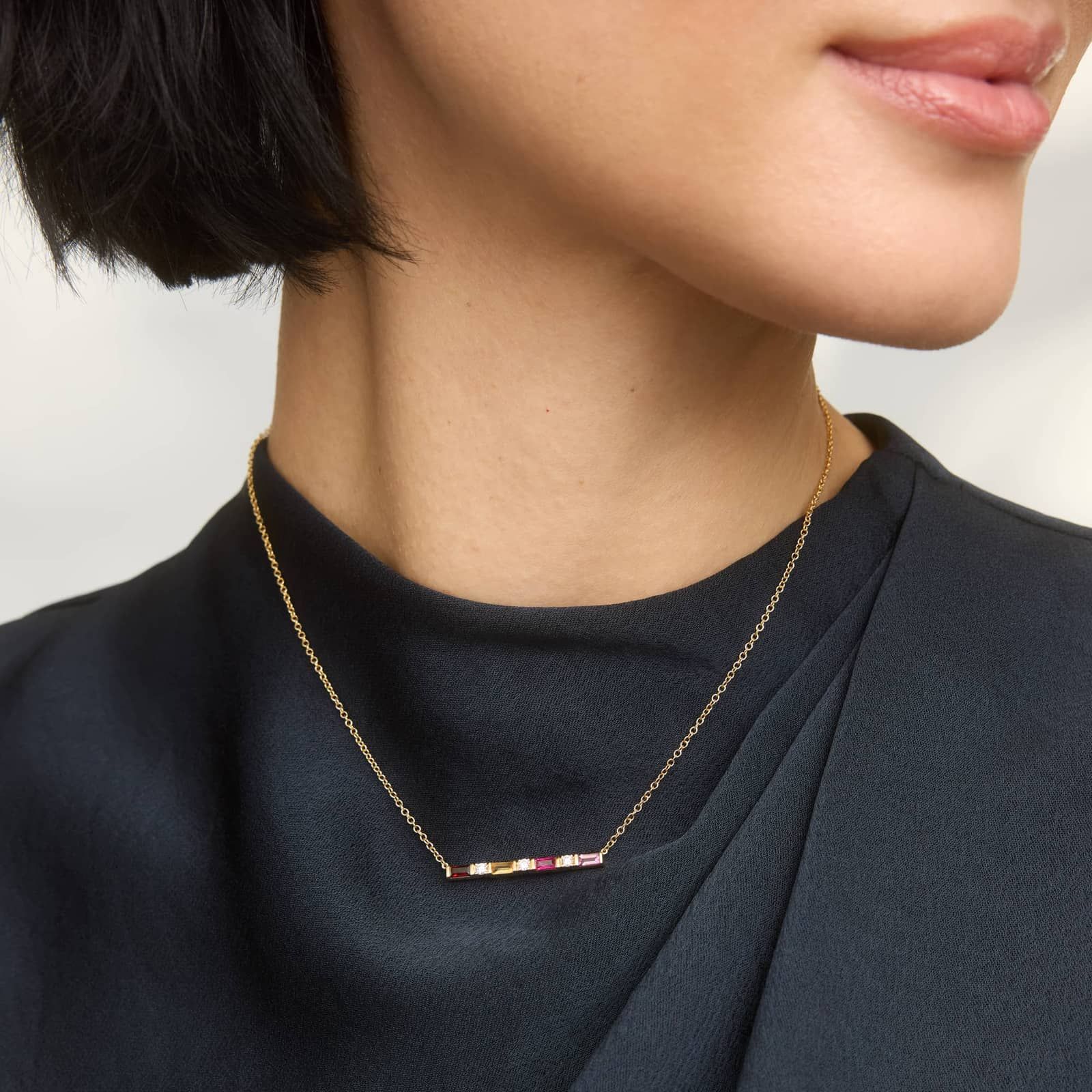 Personalized Baguette Cut Single Birthstone Bar Necklace With Lab-Grown Diamonds In 14K Yellow Gold 3