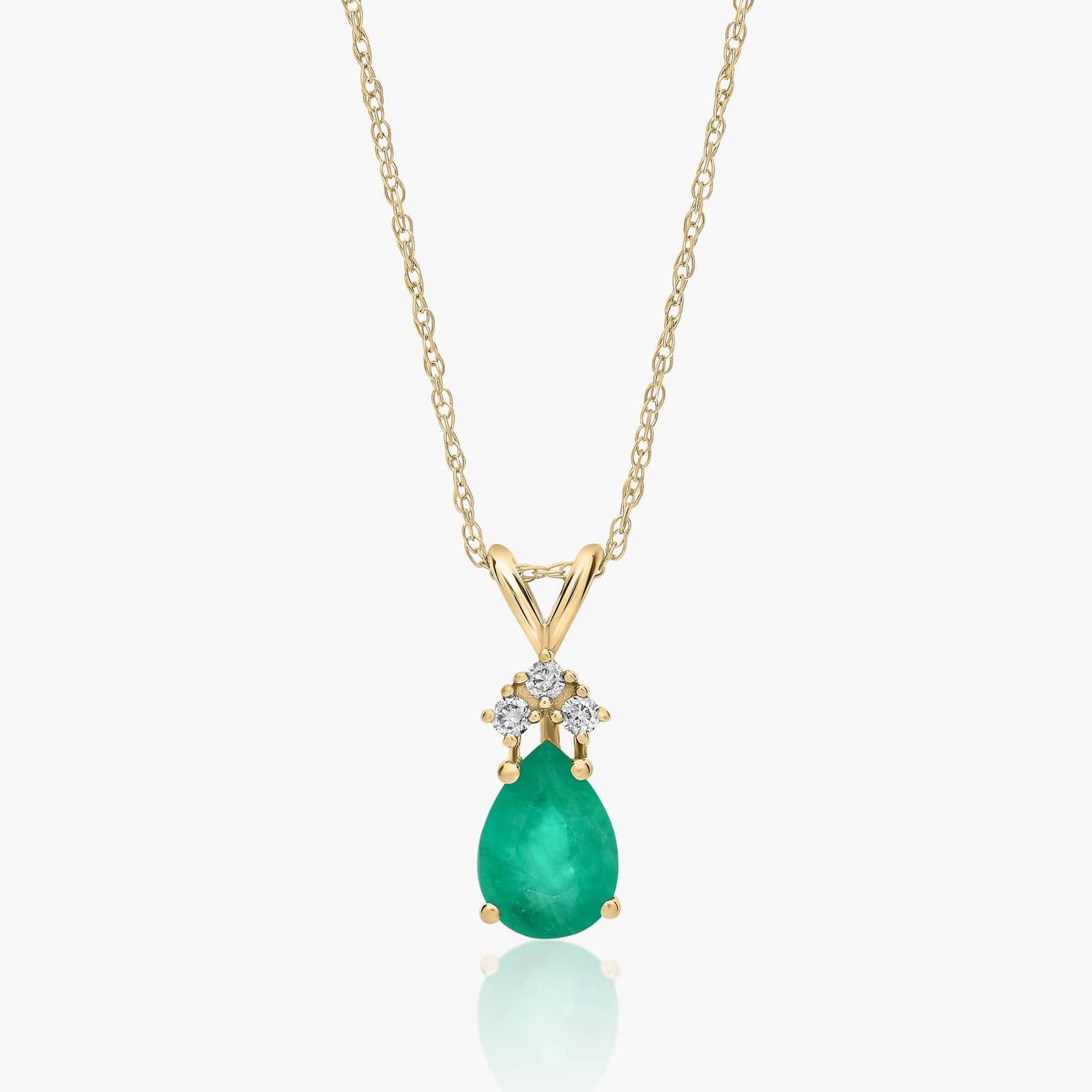 14K Yellow Gold Pear Shaped Emerald & Tri-Diamond Birthstone Pendant Necklace By James Allen