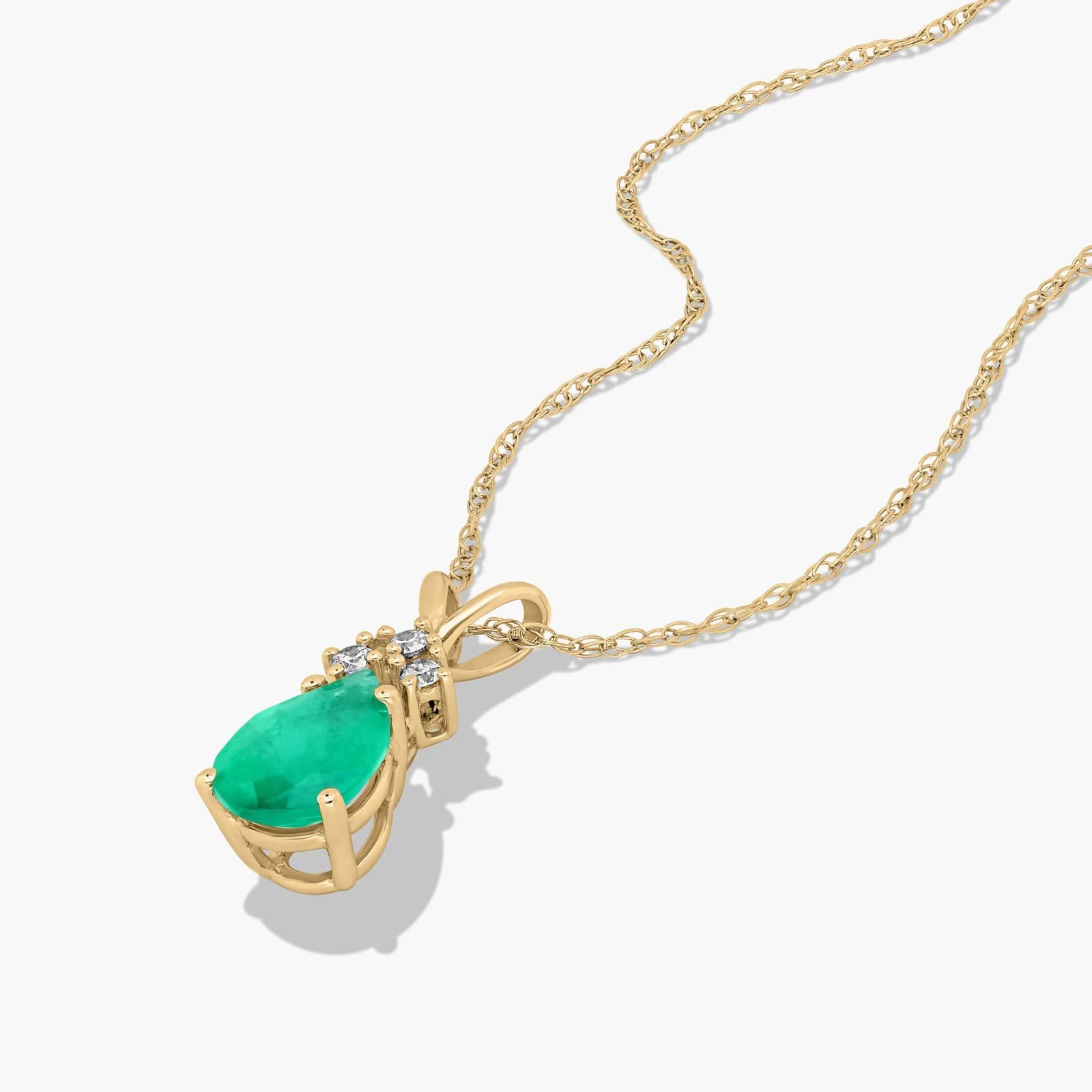 14K Yellow Gold Pear Shaped Emerald & Tri-Diamond Birthstone Pendant Necklace By James Allen 2