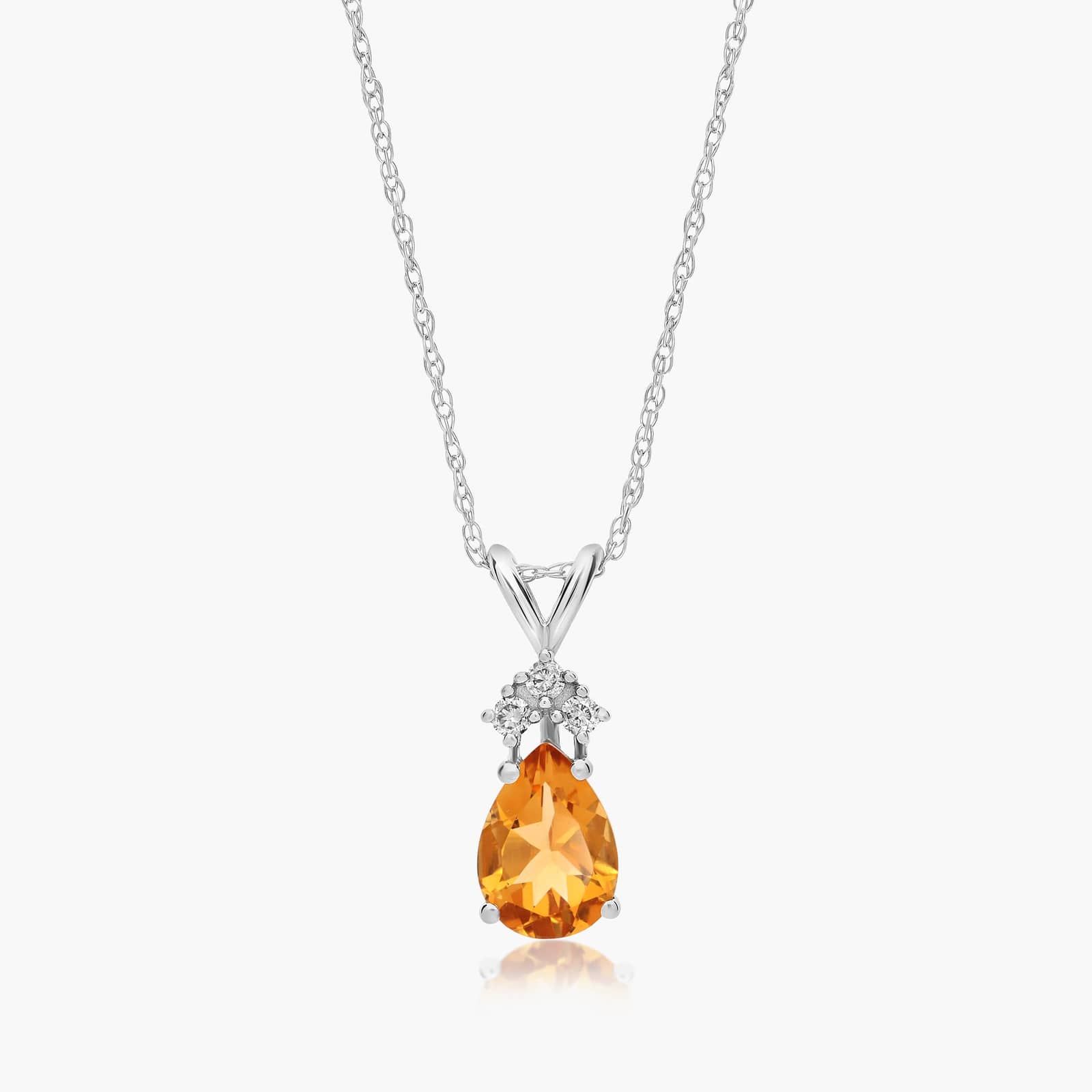 14K White Gold Pear Shaped Citrine & Tri-Diamond Birthstone Pendant Necklace By James Allen