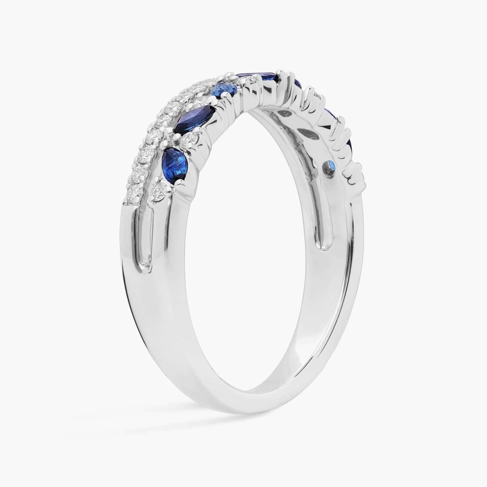 Two Row Diagonal Blue Sapphire Marquise And Pave Diamond Band in 14k White Gold 2