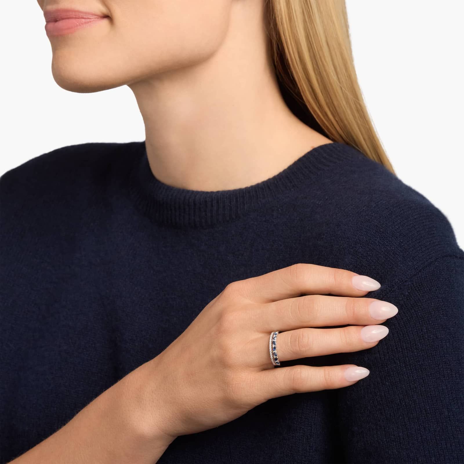 Two Row Diagonal Blue Sapphire Marquise And Pave Diamond Band in 14k White Gold 3
