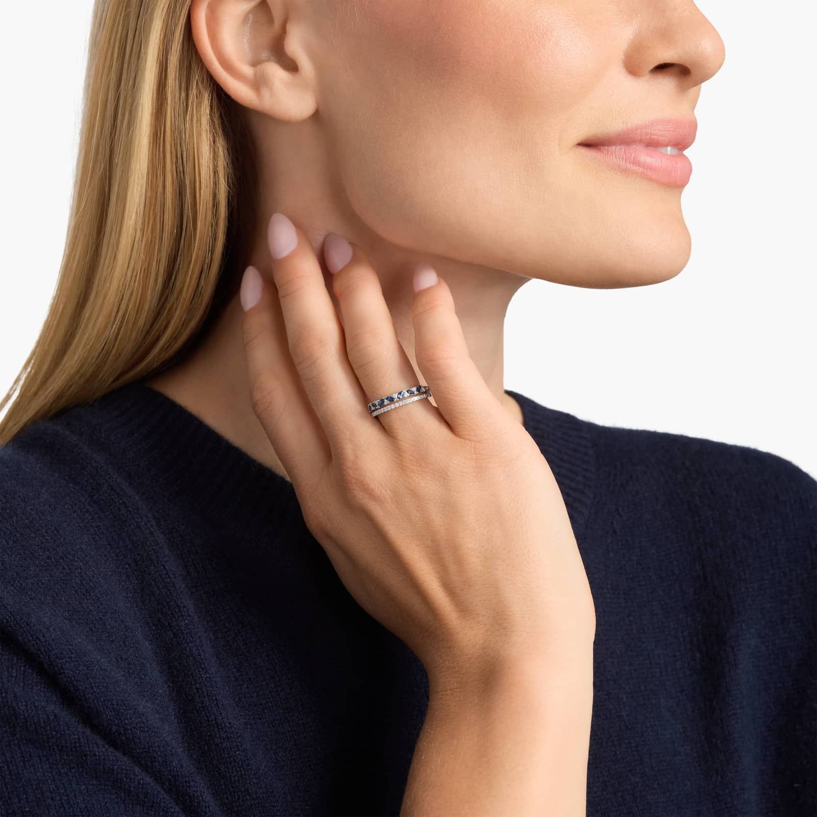 Two Row Diagonal Blue Sapphire Marquise And Pave Diamond Band in 14k White Gold 4