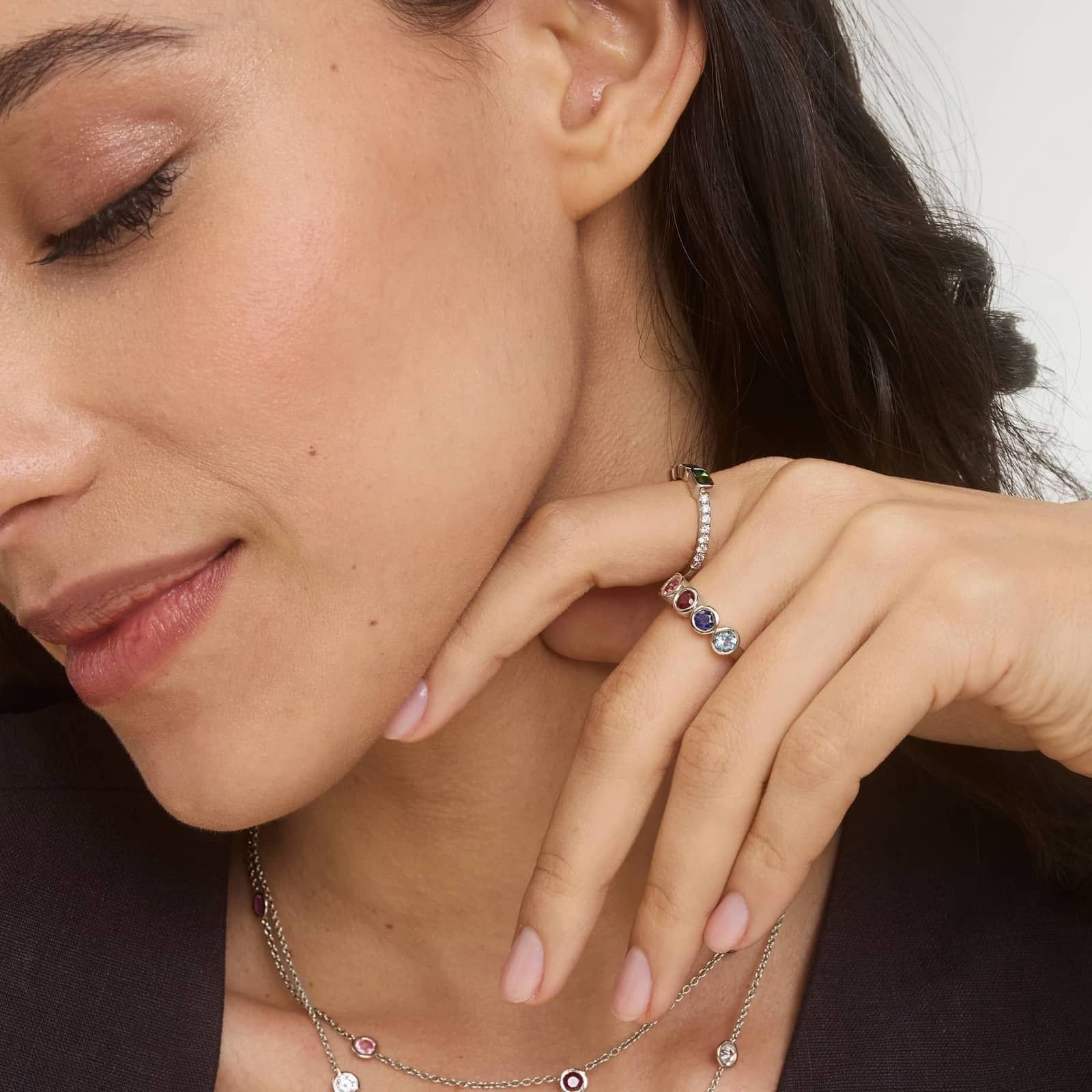 Personalized Round Cut Three Birthstone Ring With Lab-Grown Diamonds In 14K White Gold 3