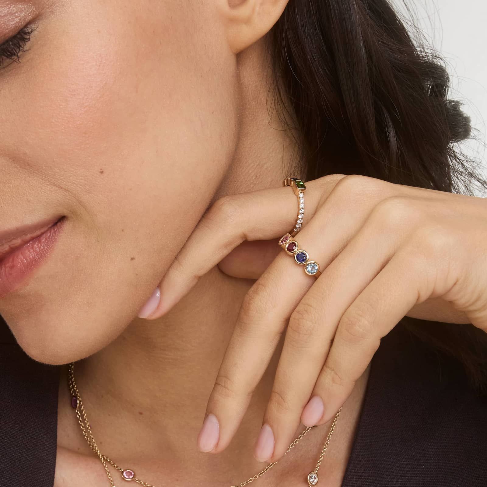 Personalized Round Cut Two Birthstone Ring With Lab-Grown Diamonds In 14K Yellow Gold 3