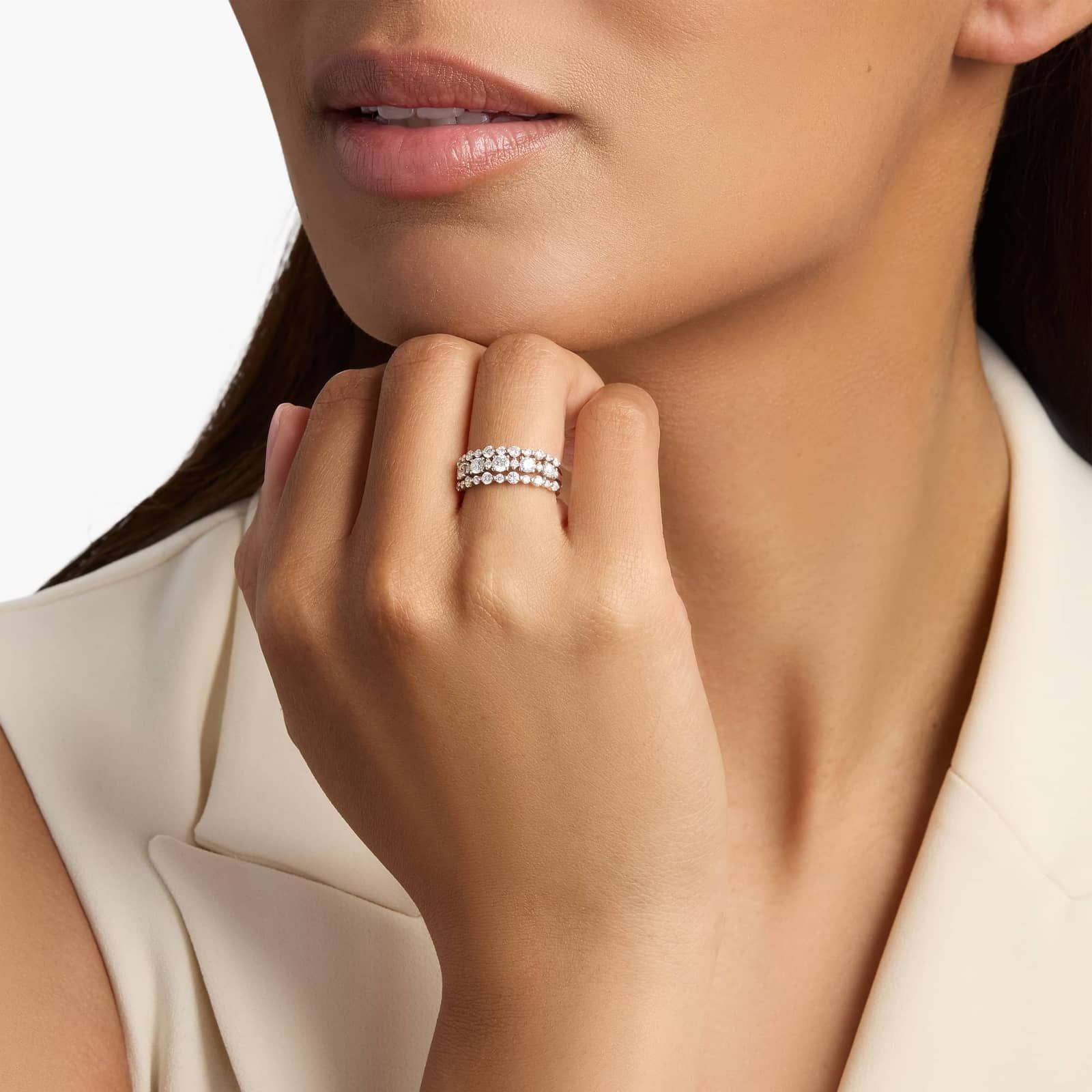 Diamond Three-Row Alternating Fashion Ring in 14k White Gold (1 ct. tw.) 3