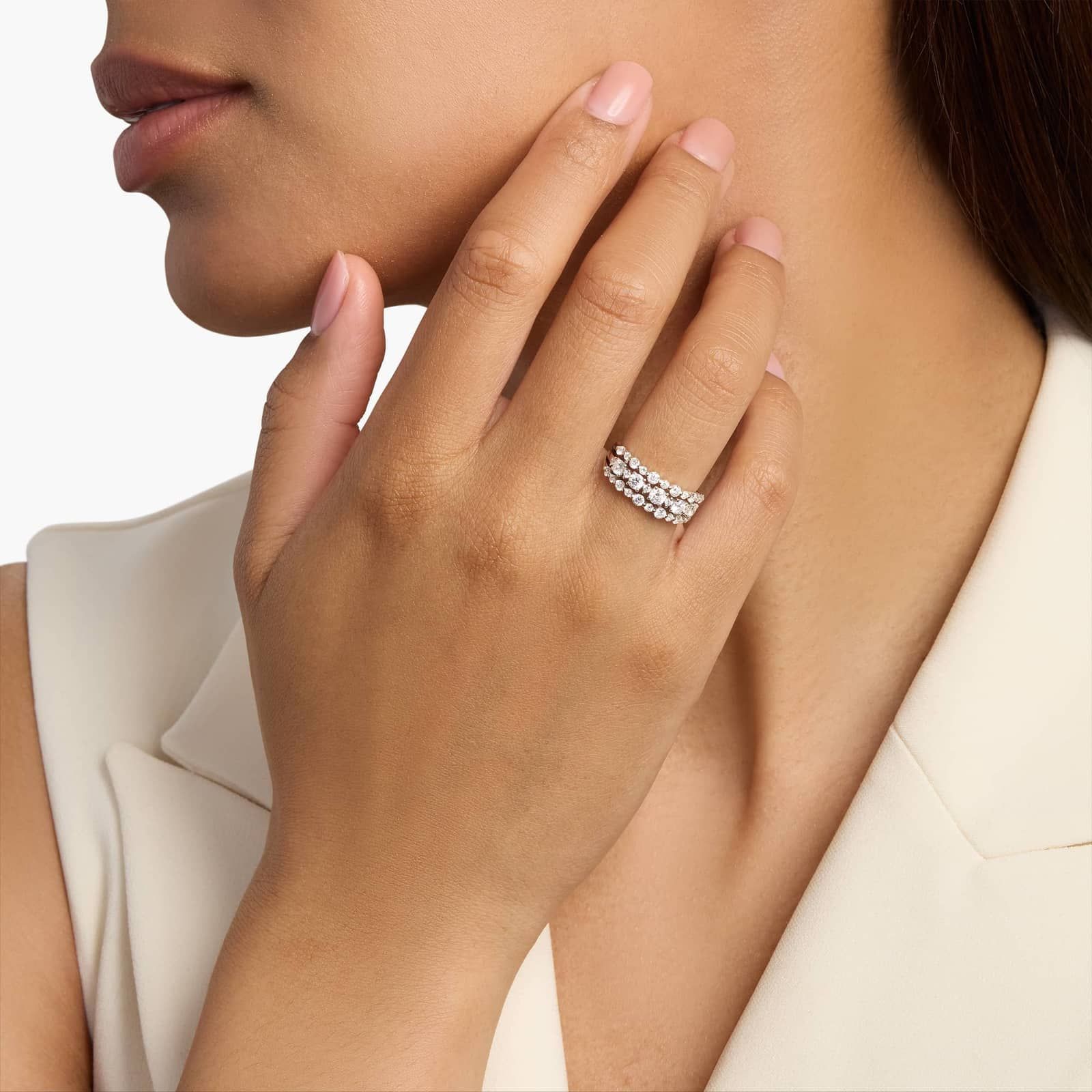 Diamond Three-Row Alternating Fashion Ring in 14k White Gold (1 ct. tw.) 4