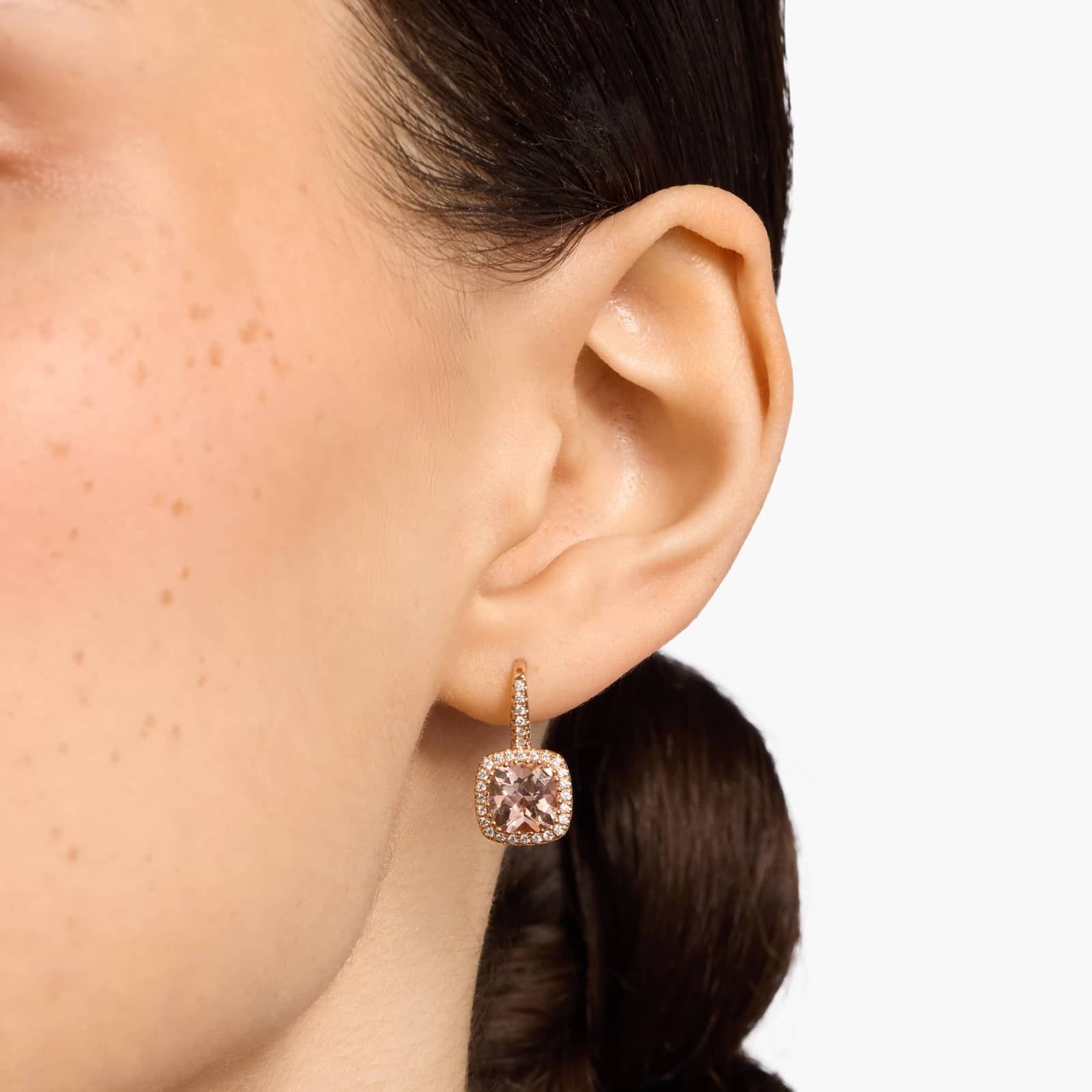 Morganite and Diamond Cushion Drop Earrings in 14k Rose Gold (7x7mm) 4