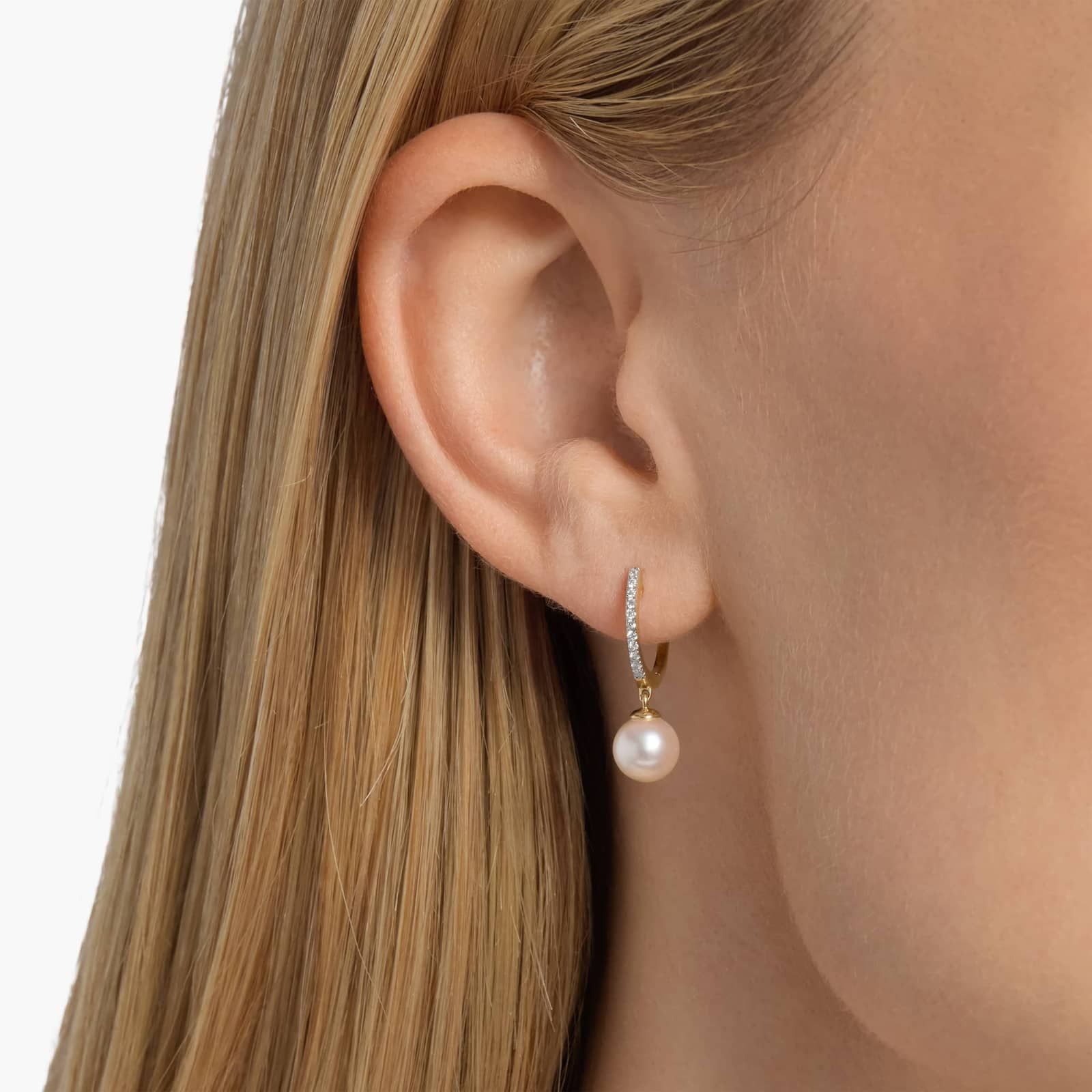 Akoya Cultured Pearl and Diamond Drop Hoop Earrings in 14k Yellow Gold (6.5mm) 4