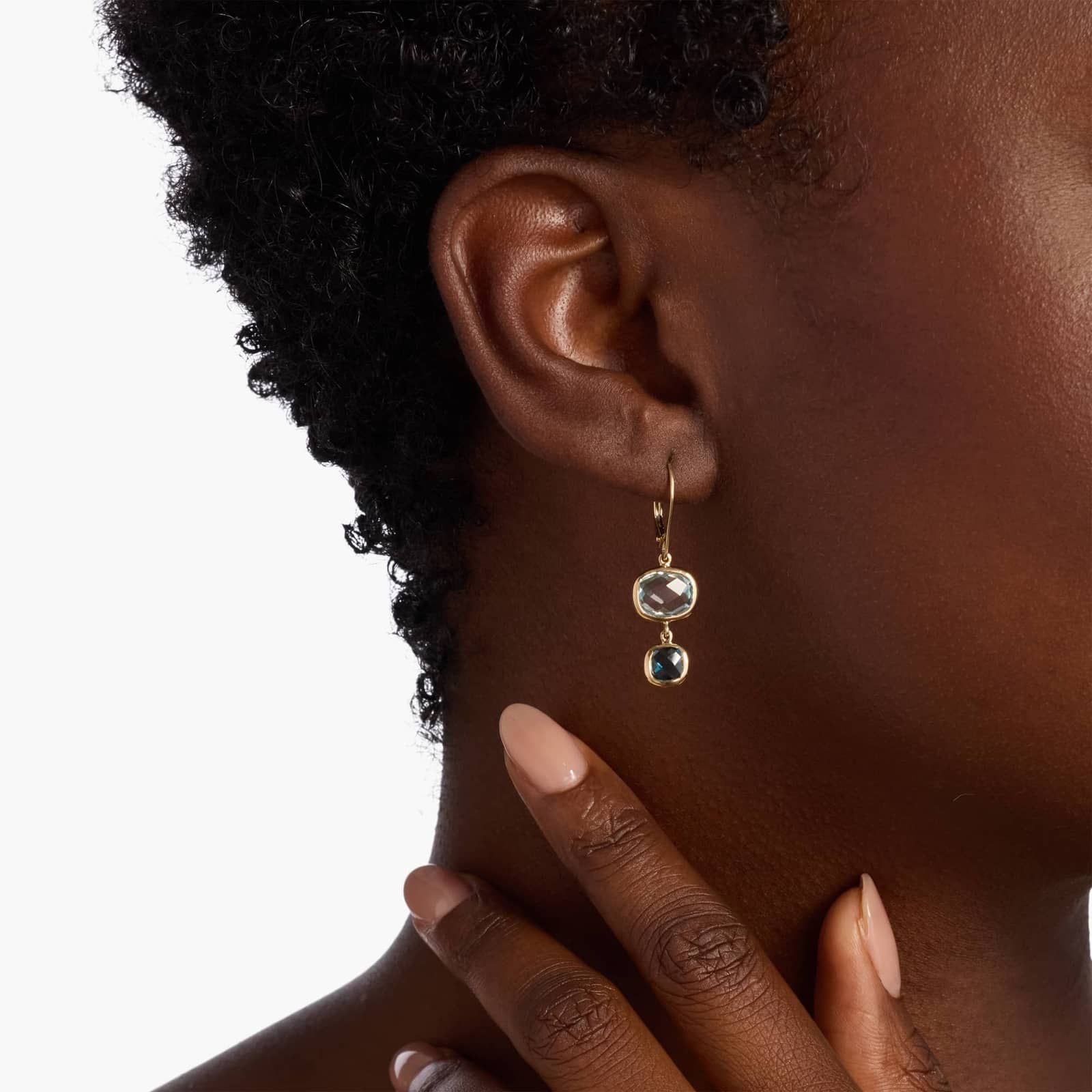 Blue Topaz Tonal Drop Leverback Earrings in 14k Yellow Gold 3