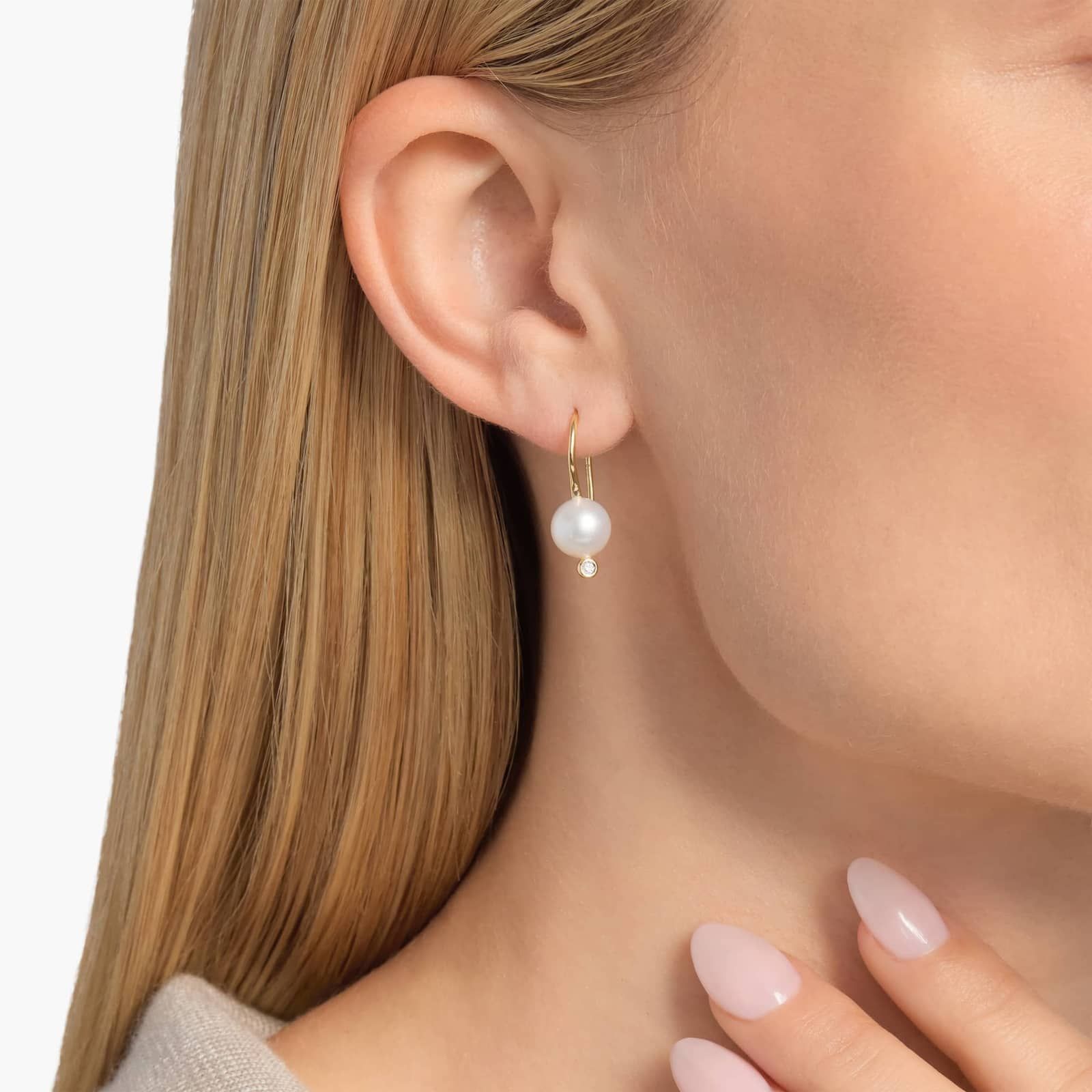 White Freshwater Pearl Drop Earrings with Diamonds in 14k Yellow Gold 2