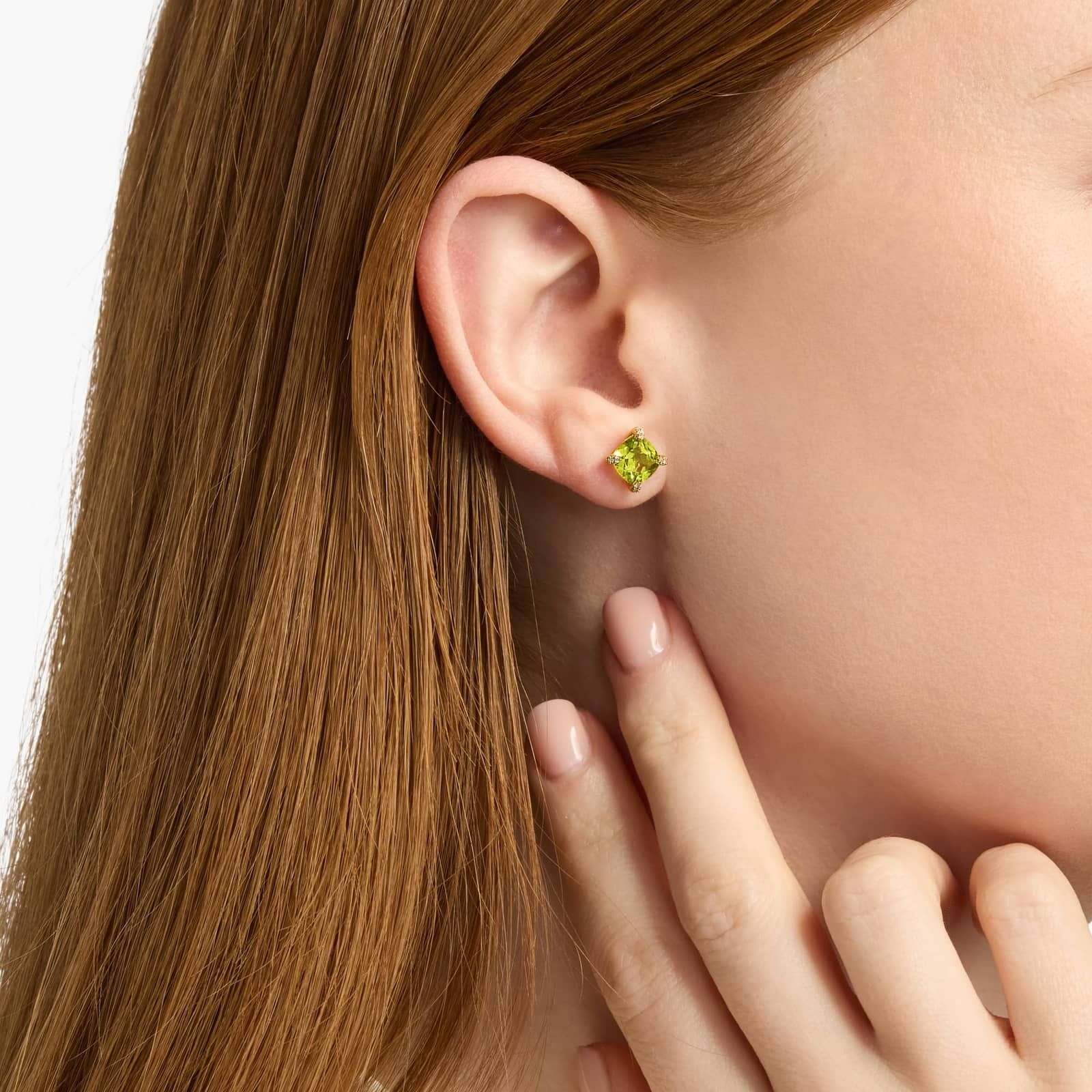 Cushion Cut Peridot and Diamond Accent Earrings in 14k Yellow Gold (7mm) 3