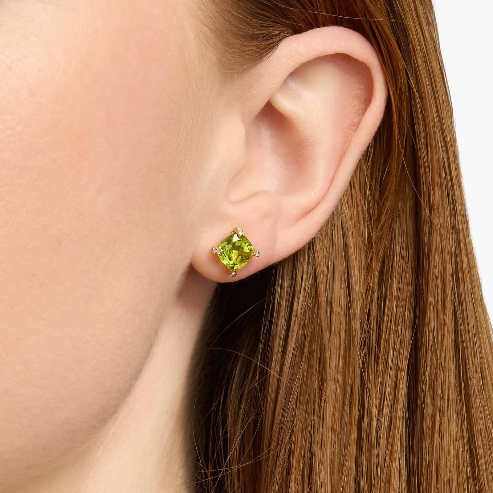 Cushion Cut Peridot and Diamond Accent Earrings in 14k Yellow Gold (7mm) 4