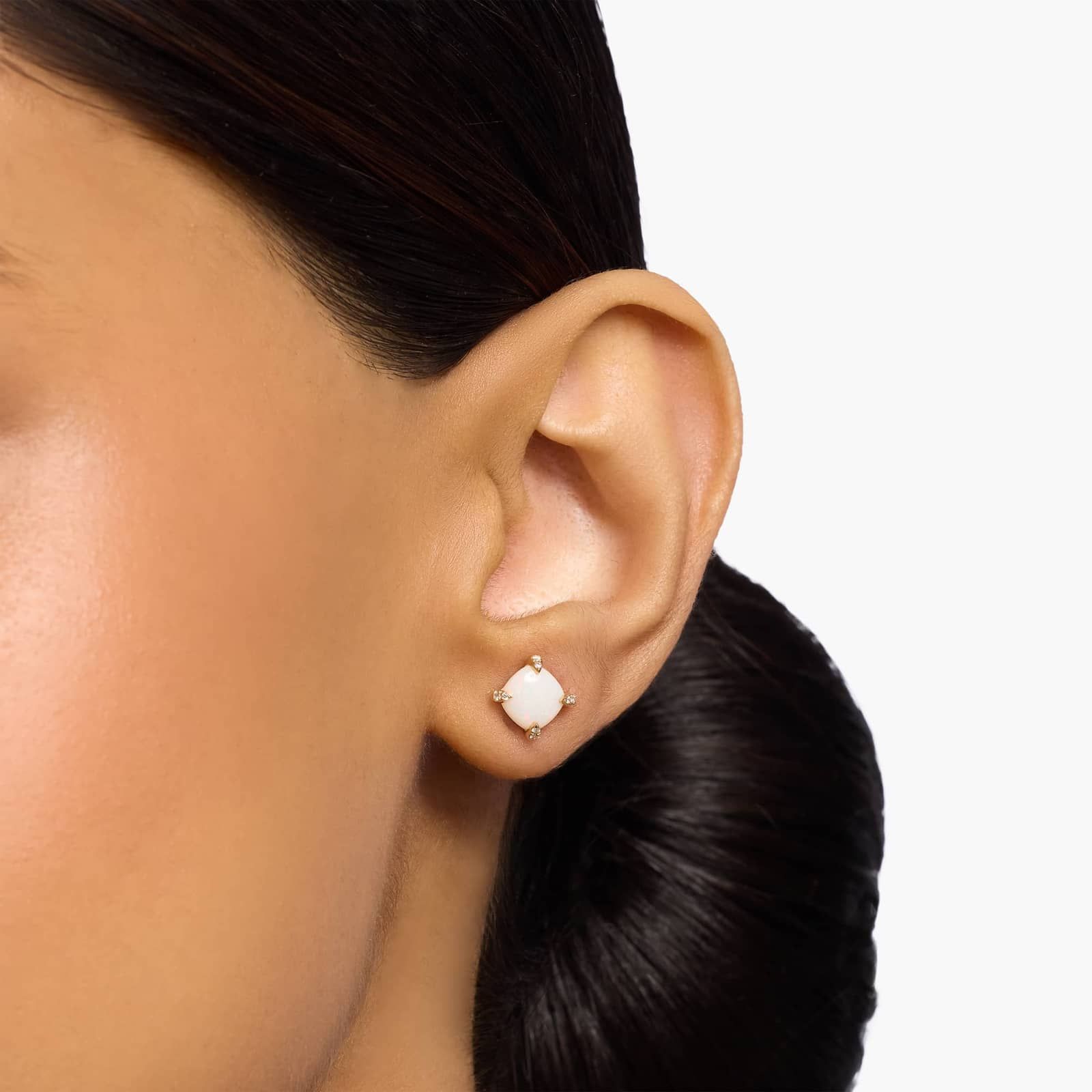 Cushion Cut Opal and Diamond Accent Earrings in 14k Yellow Gold (7mm) 4