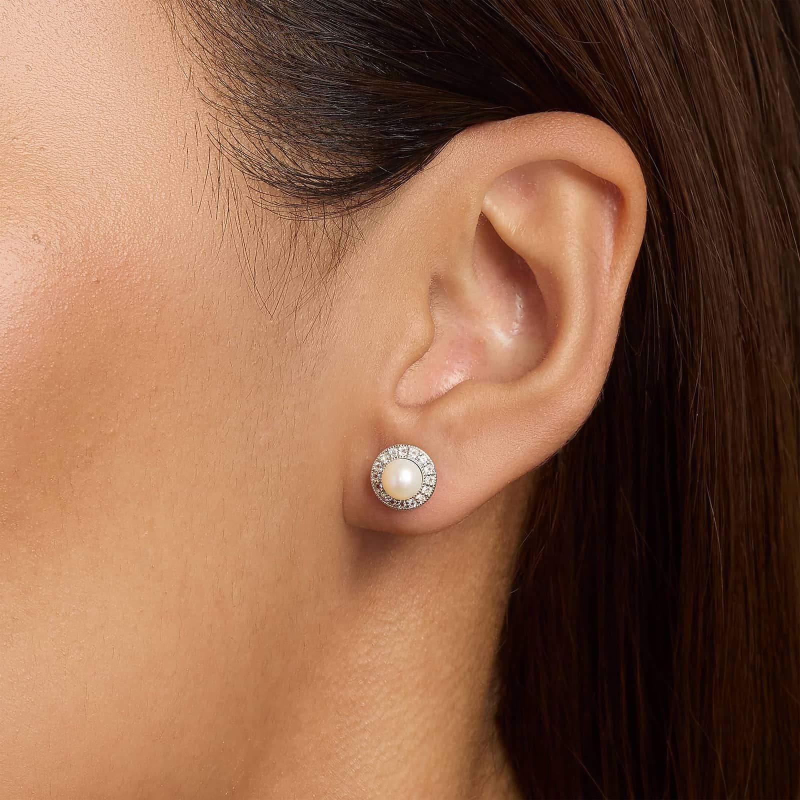 Vintage-Inspired Freshwater Cultured Pearl and White Topaz Halo Earrings in Sterling Silver (5mm) 4