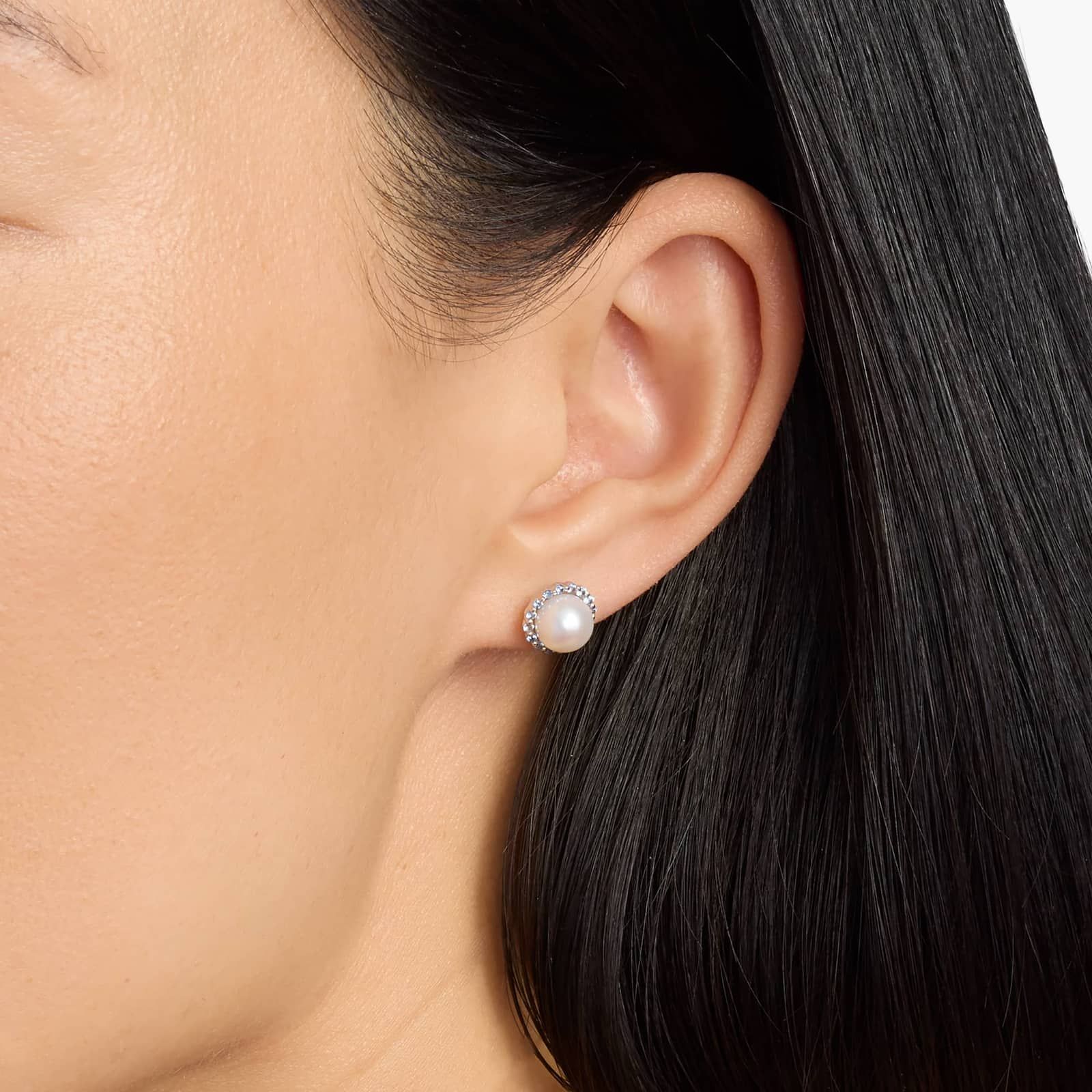 Sapphire and Freshwater Cultured Pearl Halo Stud Earrings in 14k White Gold (7mm) 4