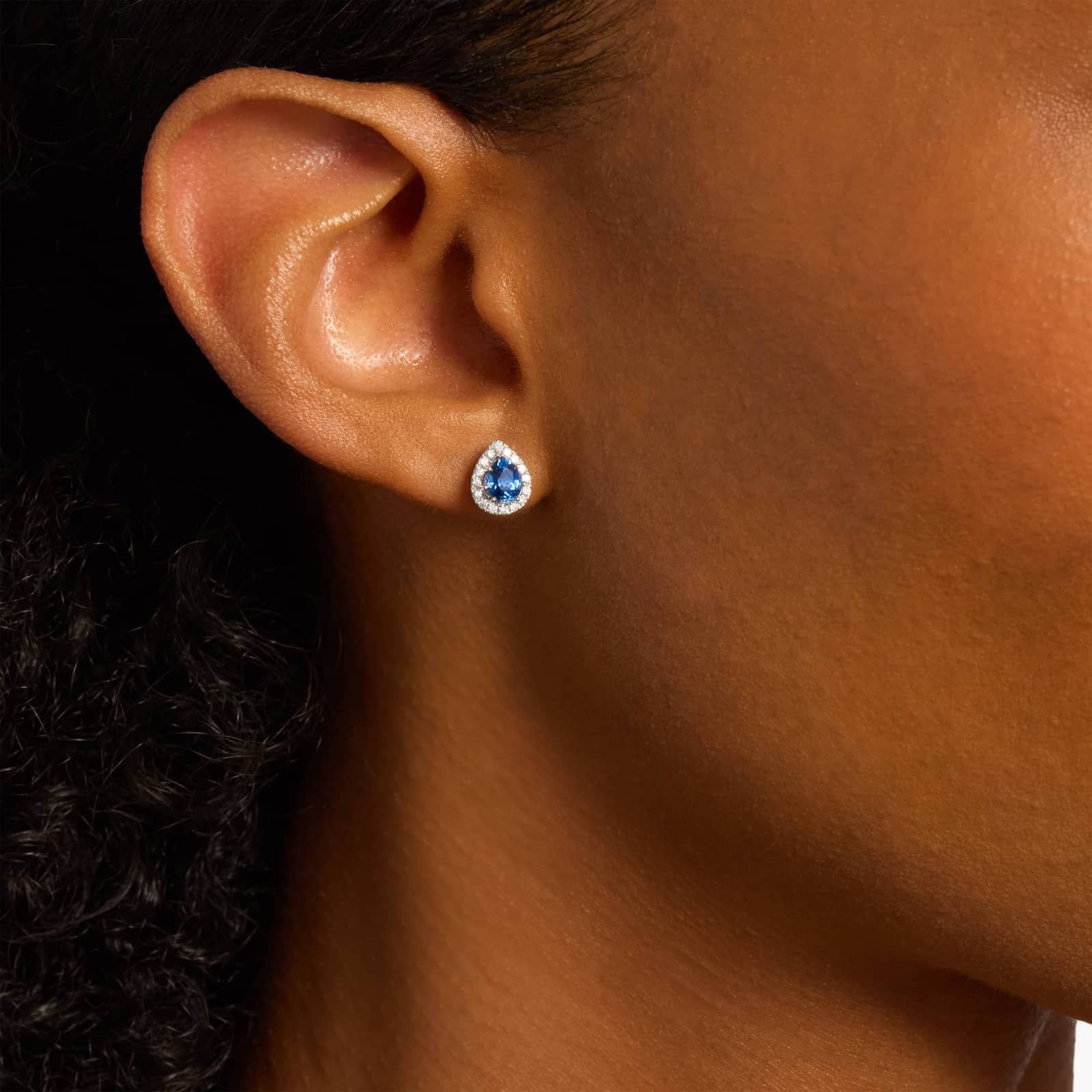 Pear-Shaped Sapphire Stud Earrings with Diamond Halo in 14k White Gold (5x4mm) 4