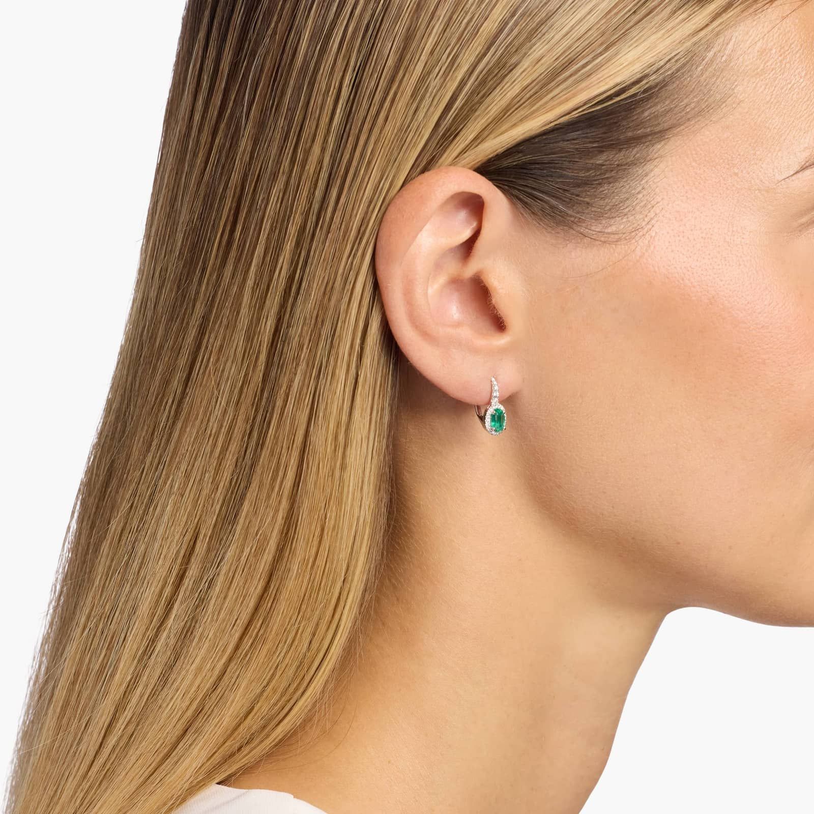 Oval Emerald and Diamond Drop Earrings in 18K white Gold 3