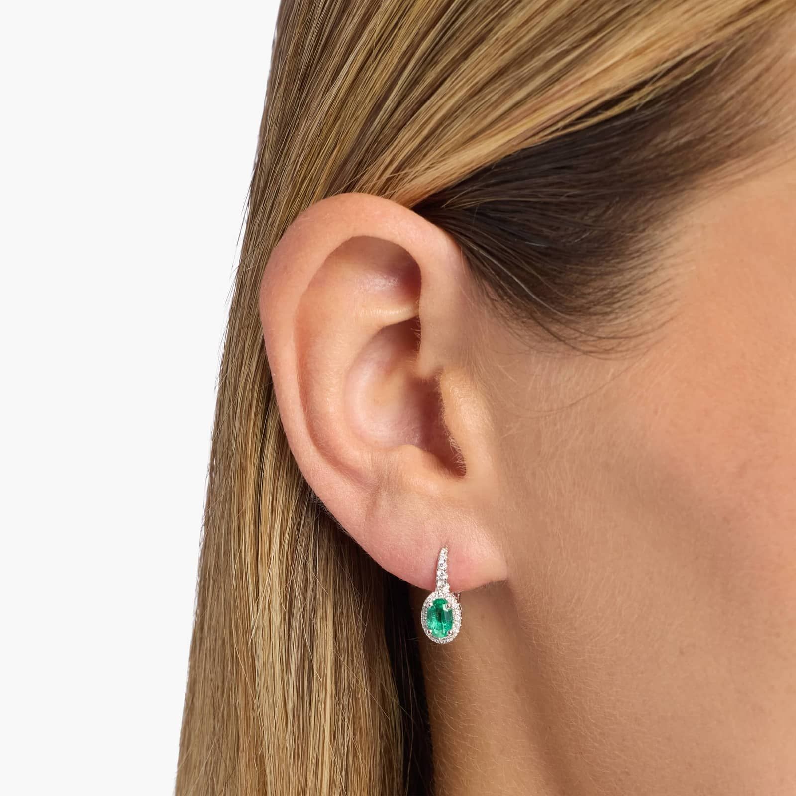 Oval Emerald and Diamond Drop Earrings in 18K white Gold 4