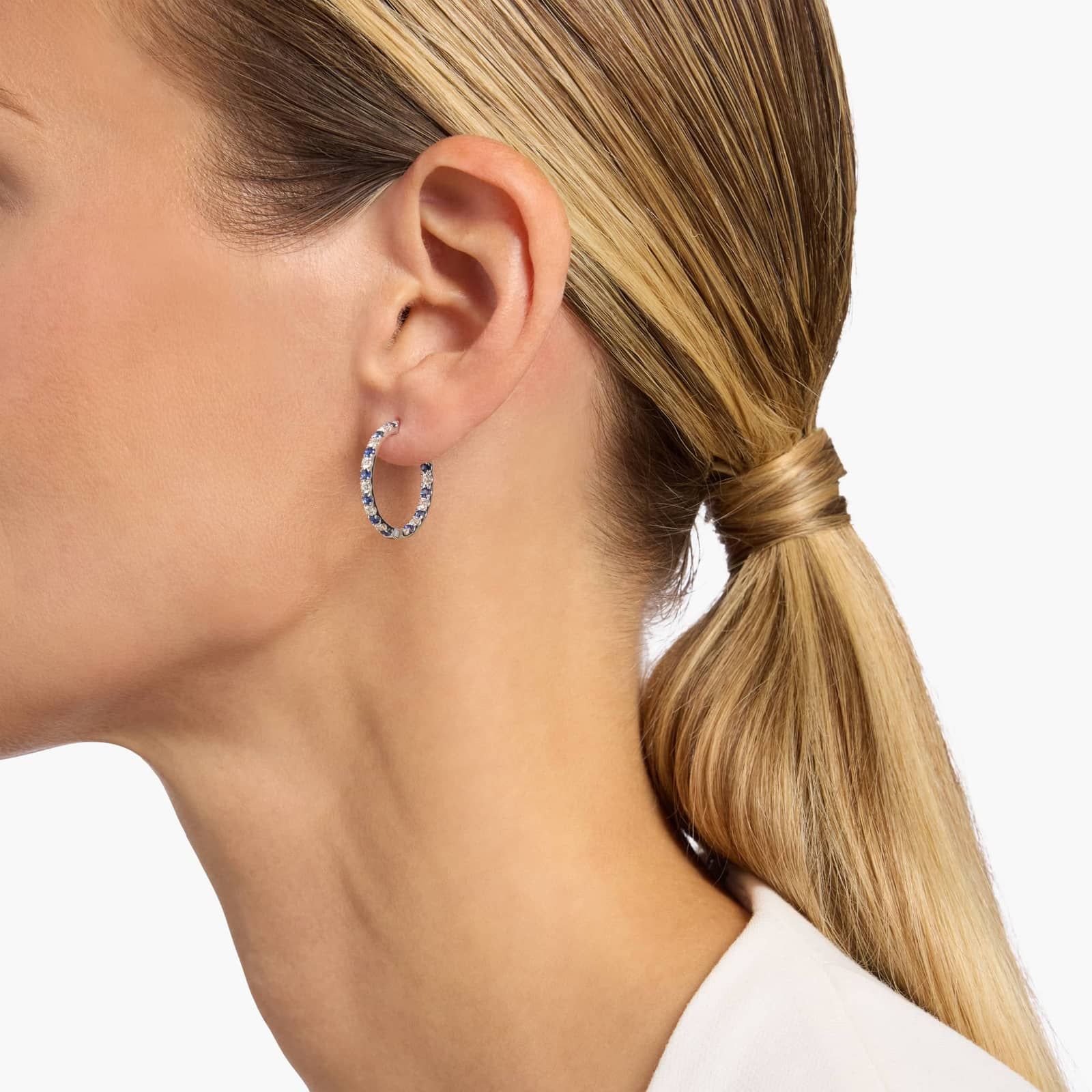 Round Sapphire and Diamond Hoop Earrings, 3/4 Inch Diameter in 14K White Gold 3