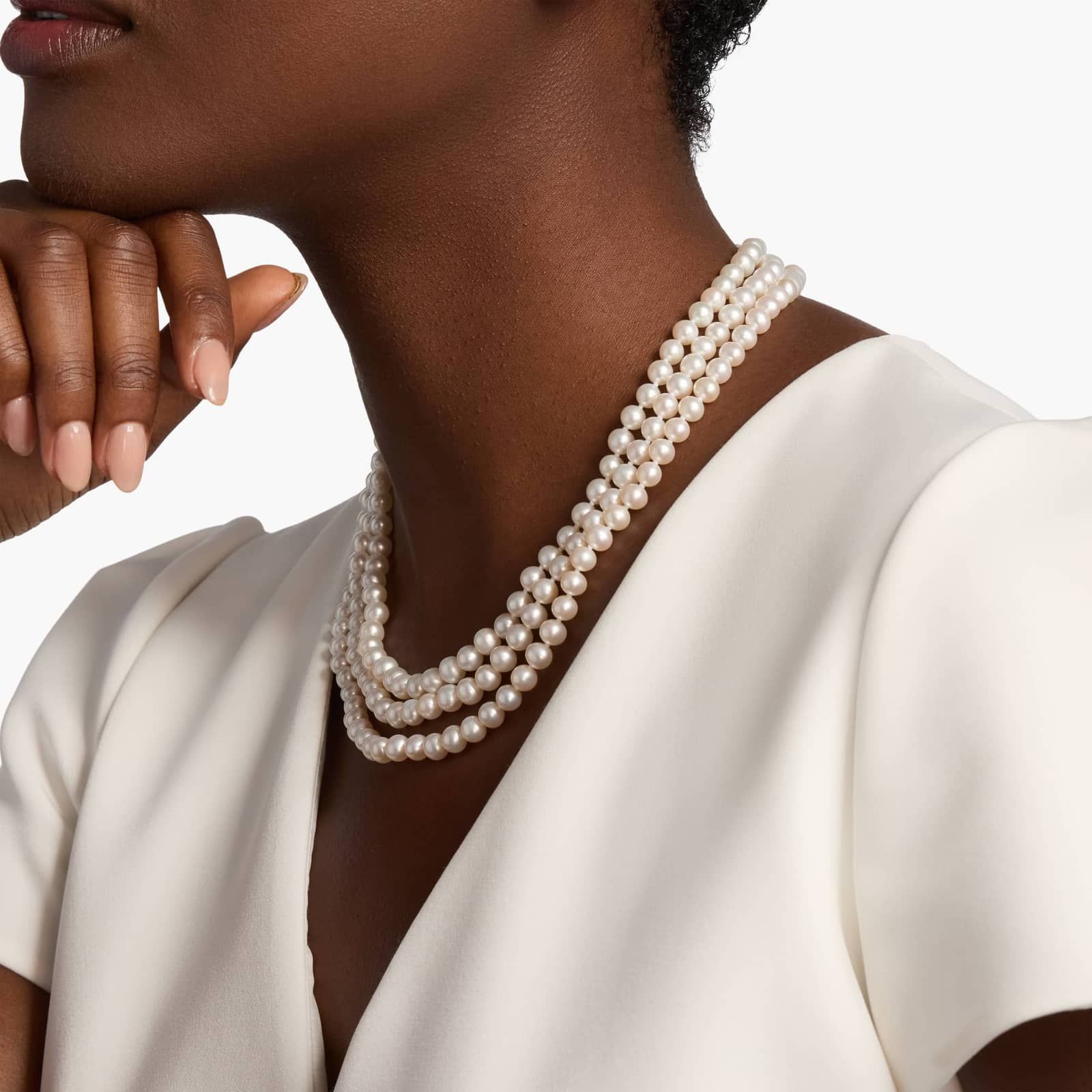 Triple-Strand Freshwater Cultured Pearl Strand Necklace in 14k White Gold (6mm) 3