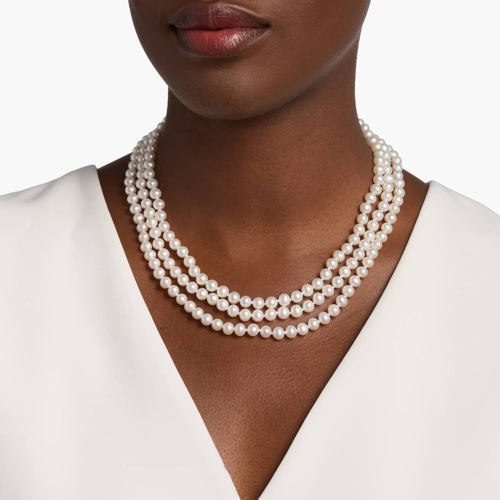 Triple-Strand Freshwater Cultured Pearl Strand Necklace in 14k White Gold (6mm) 4