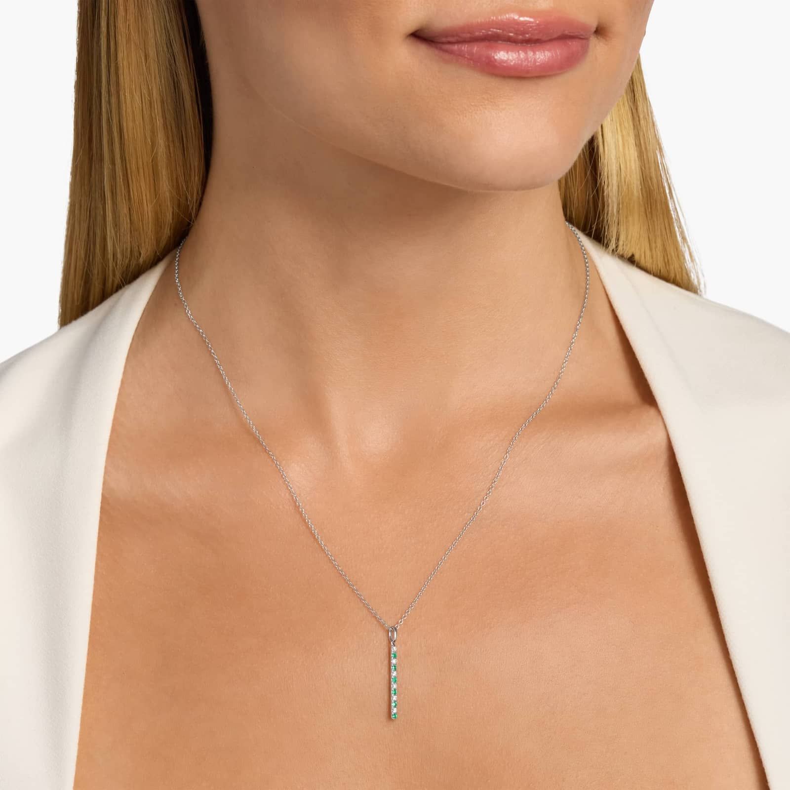 Riviera Pavé Alternating Emerald and Diamond Vertical Bar Pendant in 14k White Gold (1.6mm) 4