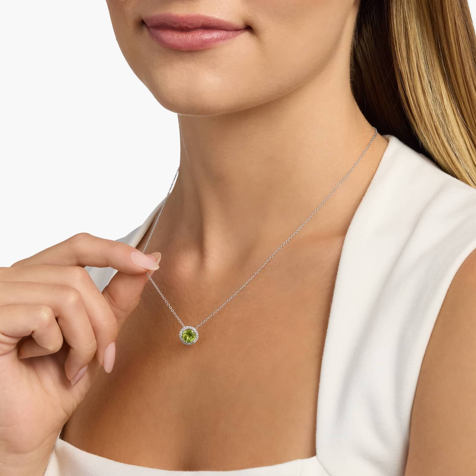 Peridot and Diamond Halo Pendant in 14k White Gold (7mm) 3