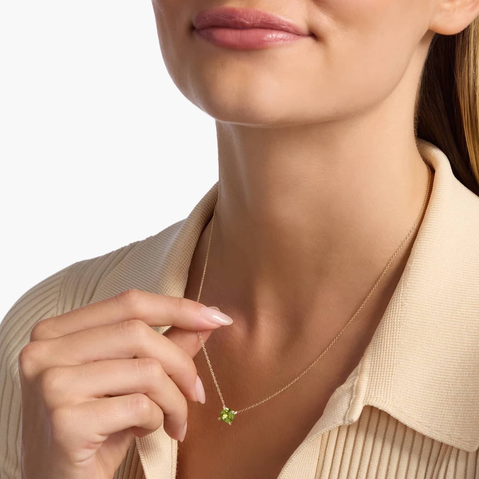 Cushion Cut Peridot and Diamond Accent Pendant in 14k Yellow Gold (7mm) 3