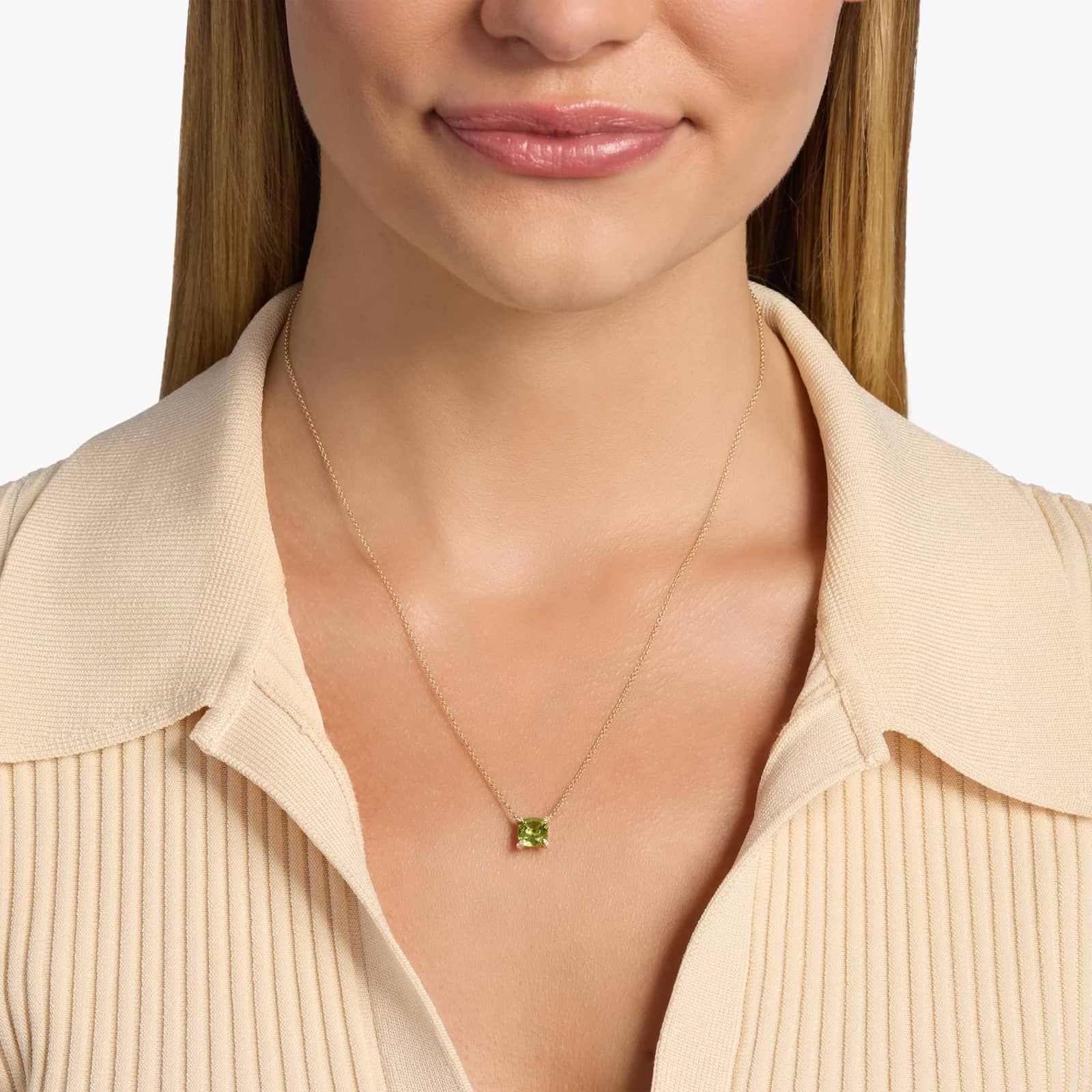 Cushion Cut Peridot and Diamond Accent Pendant in 14k Yellow Gold (7mm) 4